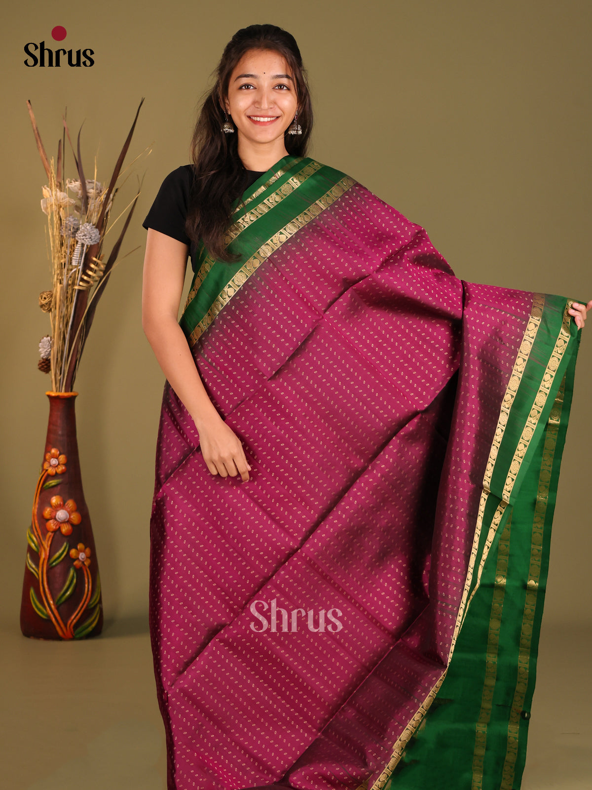 Maroon & Green Soft Silk Saree with rettaipet Zari border - Shop on Shrus.com