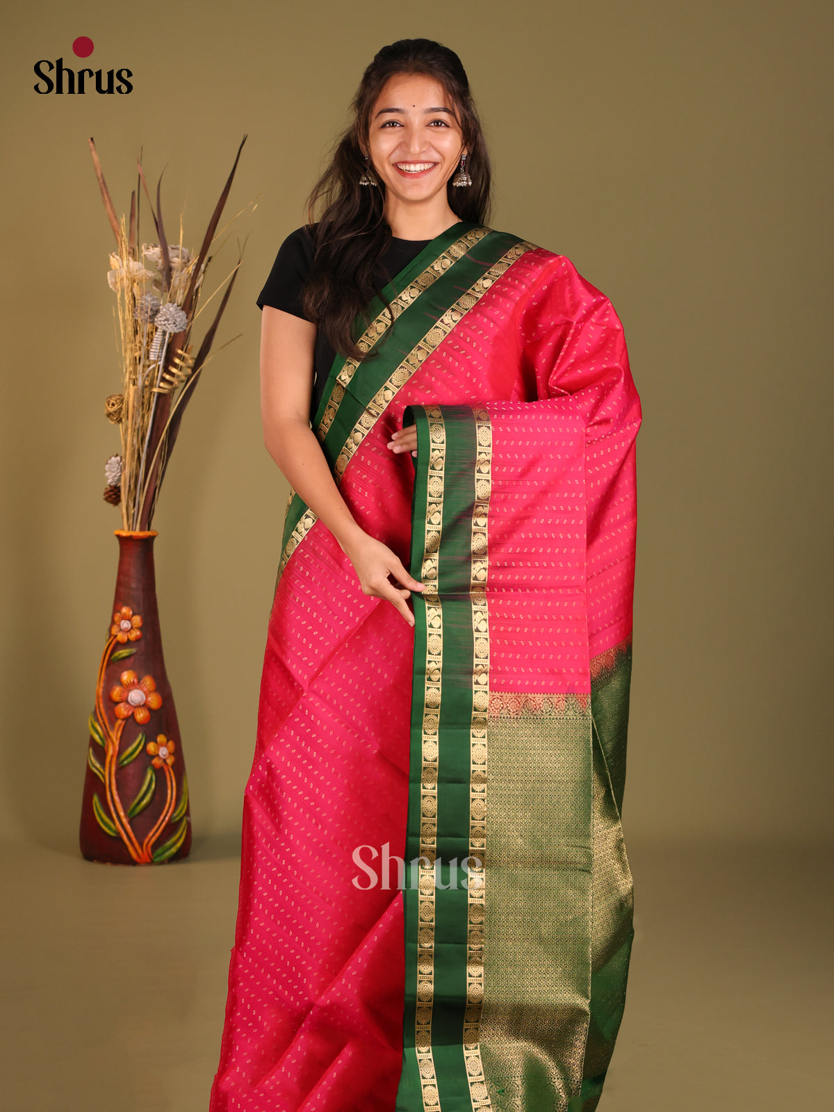 Pink & Green Soft Silk Saree with rettaipet gold zari border - Shop on Shrus.com