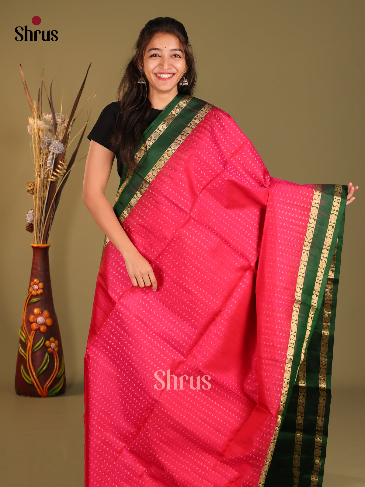 Pink & Green Soft Silk Saree with rettaipet gold zari border - Shop on Shrus.com