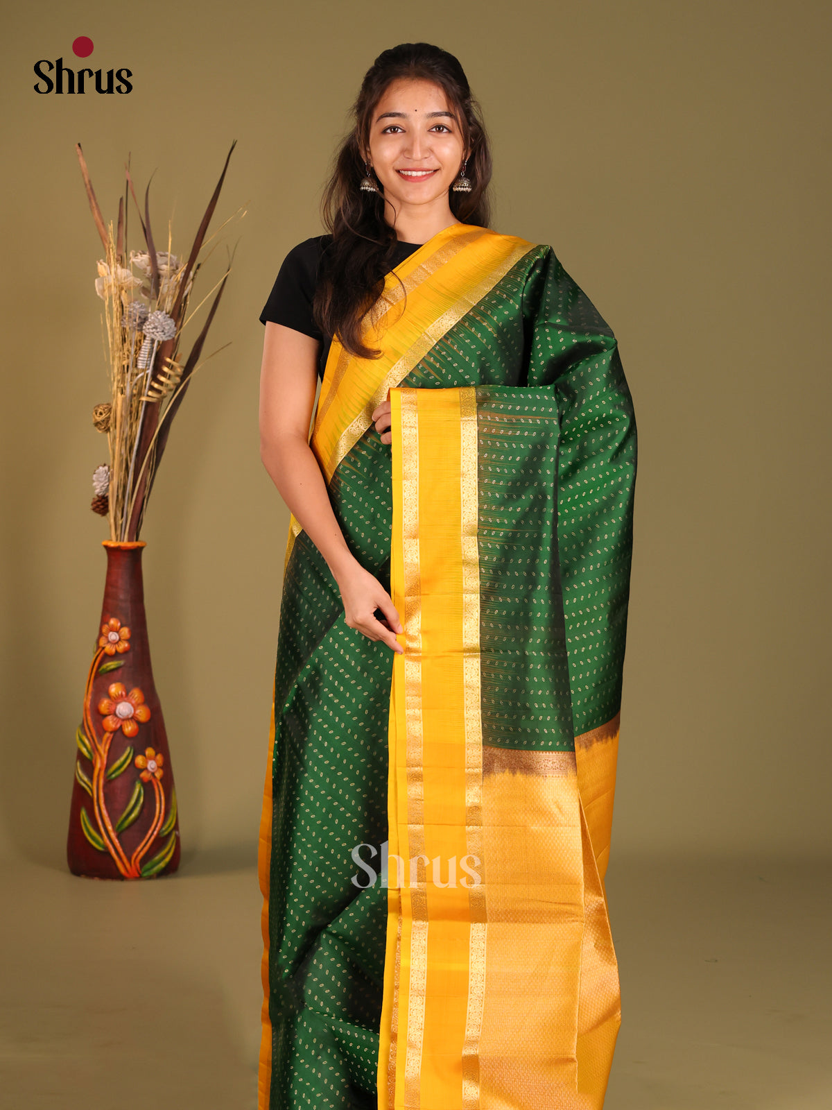 Green & Yellow Soft Silk Saree with zari buttas - Shop on Shrus.com