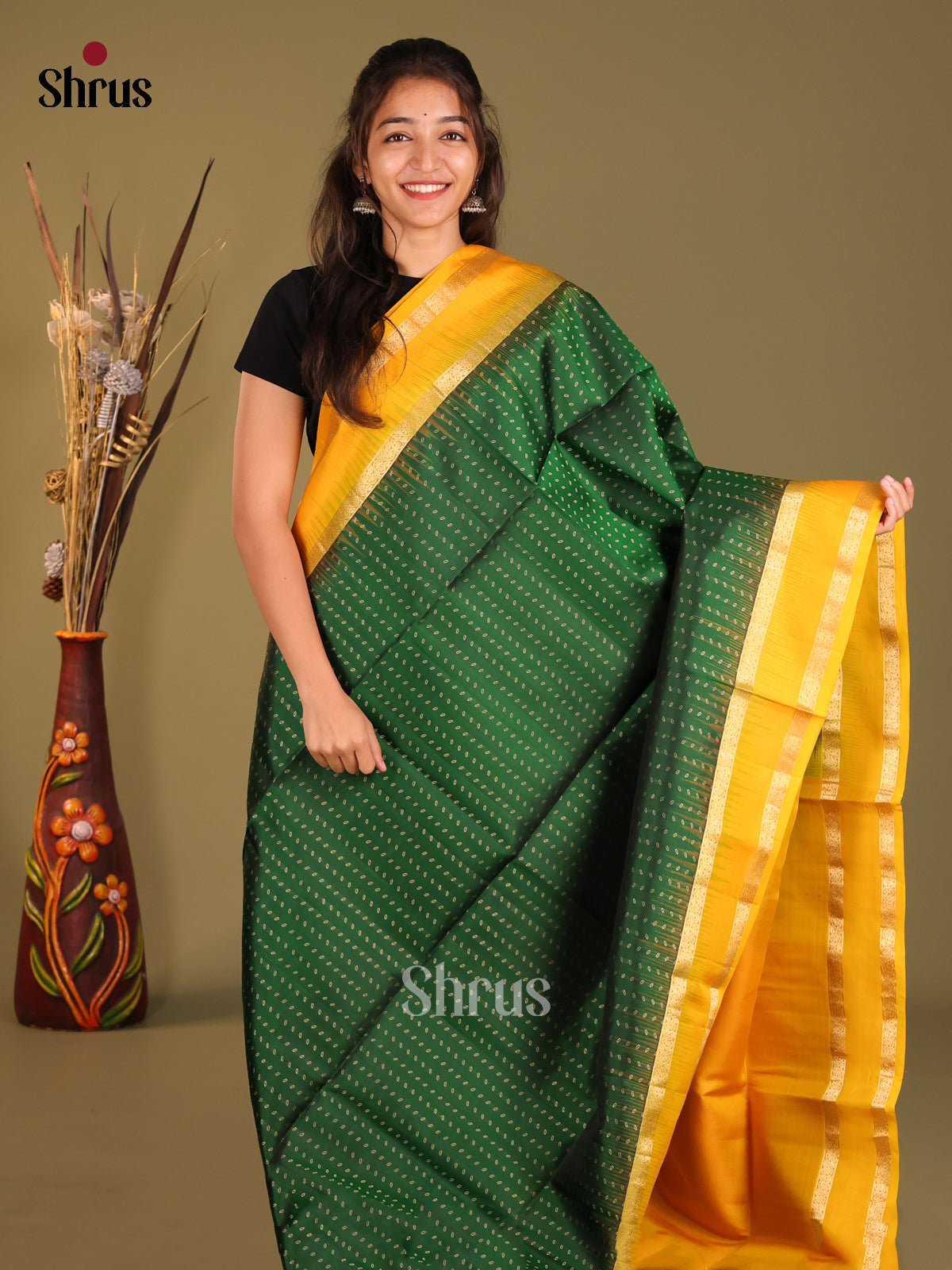 Green & Yellow Soft Silk Saree with zari buttas - Shop on Shrus.com