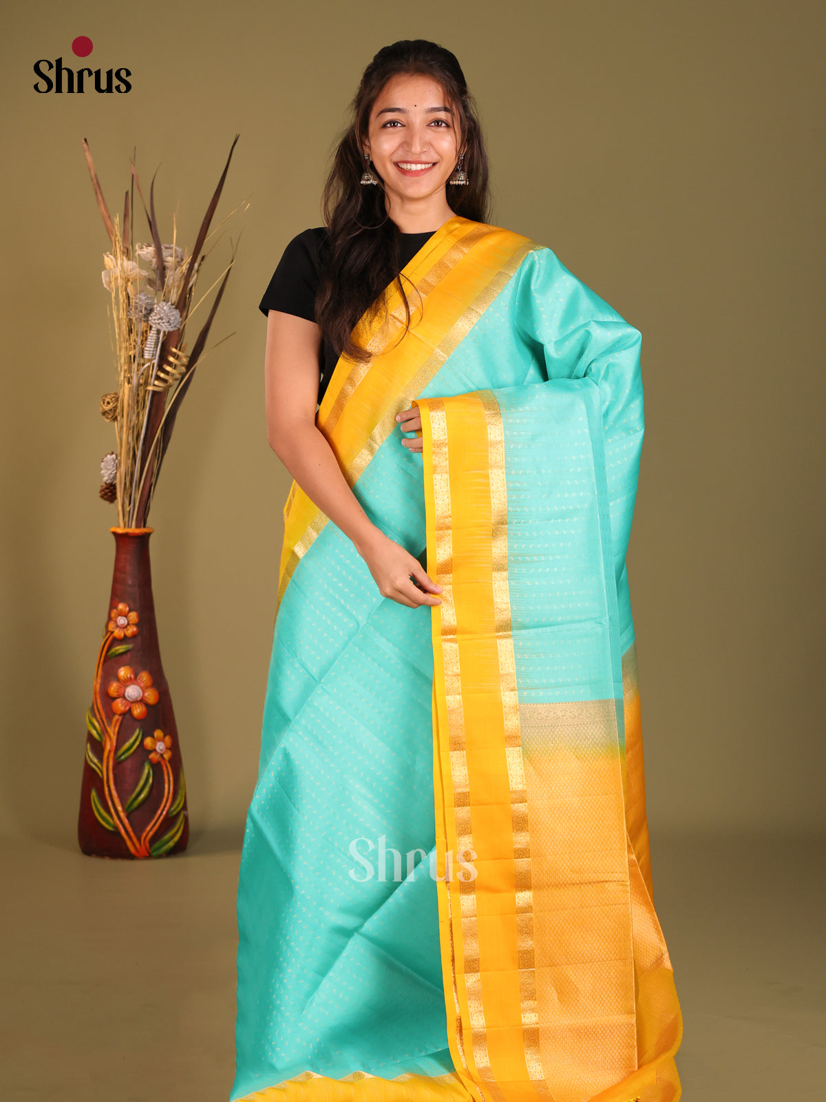 Teal & Yellow Soft Silk Saree with rettaipet zari border - Shop on Shrus.com