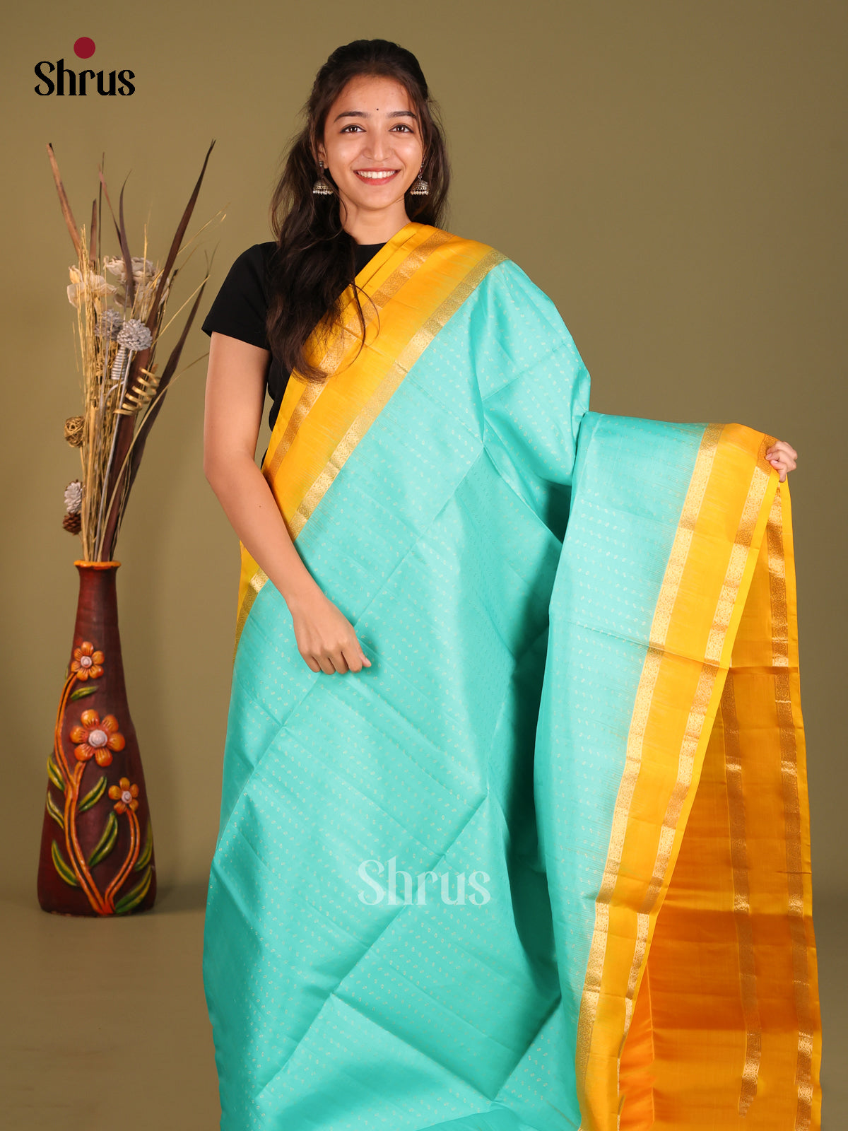 Teal & Yellow Soft Silk Saree with rettaipet zari border - Shop on Shrus.com