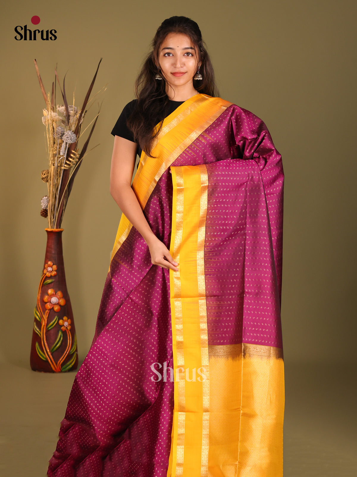 Majestic Wine Soft Silk Saree with Golden Buttas & Yellow Rettaipet zari border