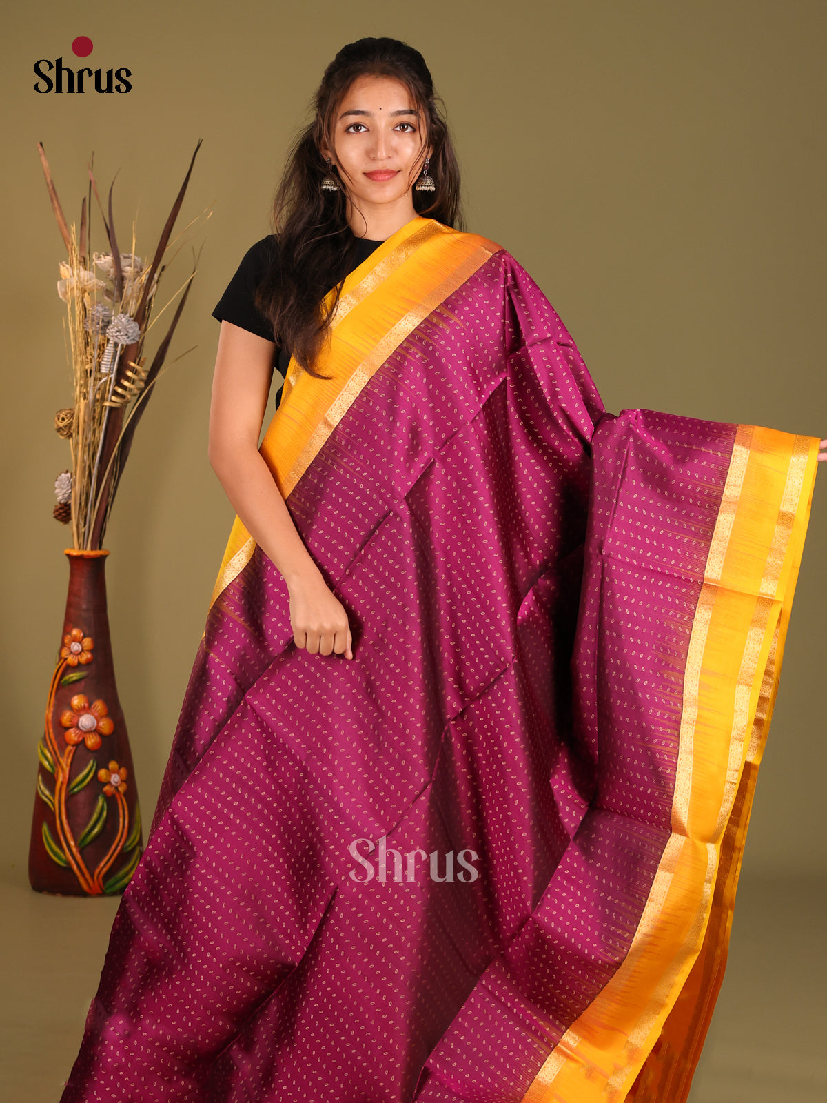 Majestic Wine Soft Silk Saree with Golden Buttas & Yellow Rettaipet zari border