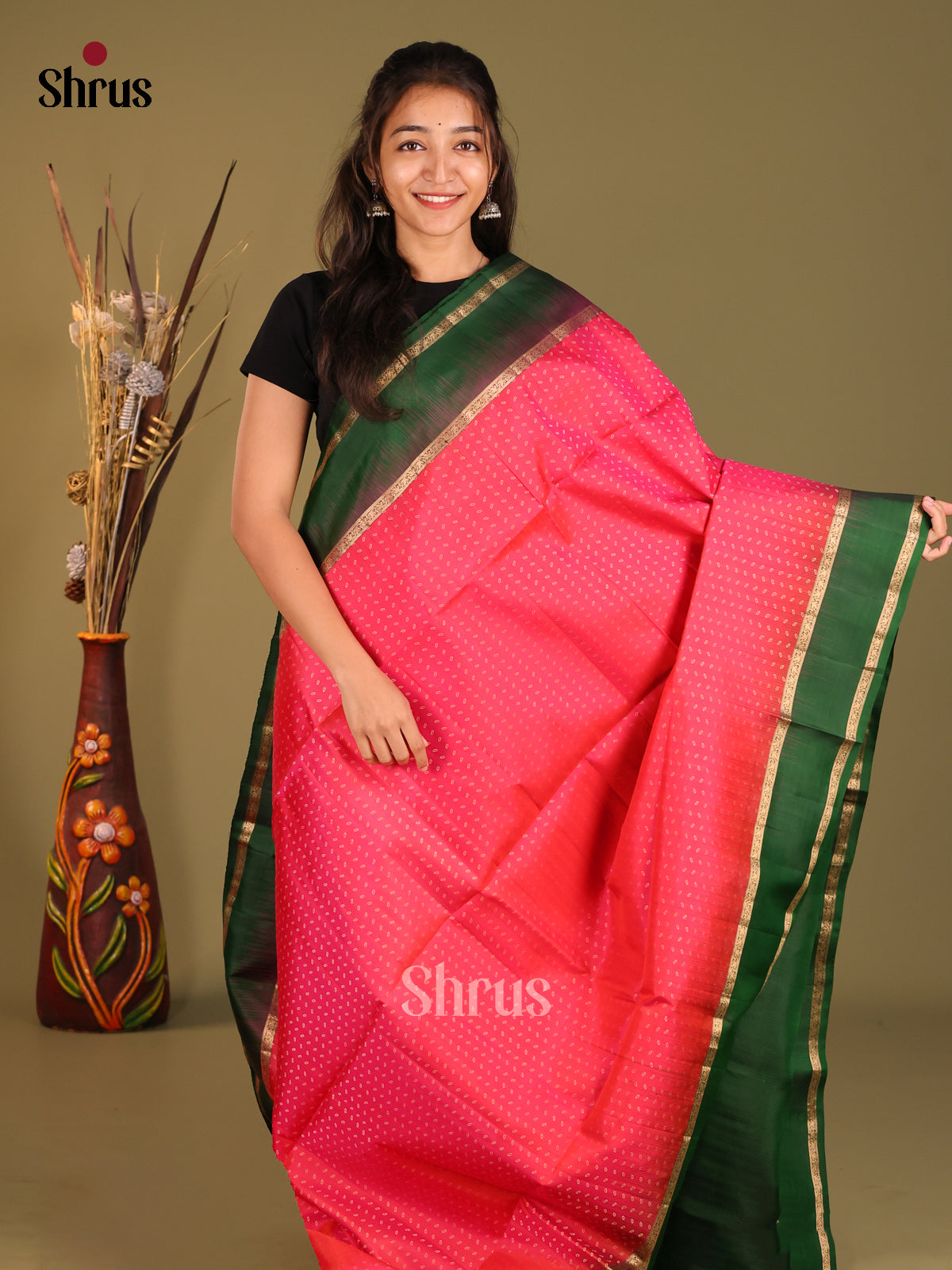 Exquisite Orangish Pink Soft Silk Saree with zari buttas & Green Rettaipet Zari Border - Shop on Shrus.com