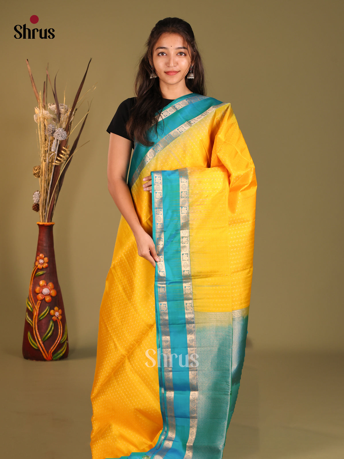Elegant Yellow Soft Silk Saree with zari buttas & Blue Rettaipet Zari Border - Shop on Shrus.com