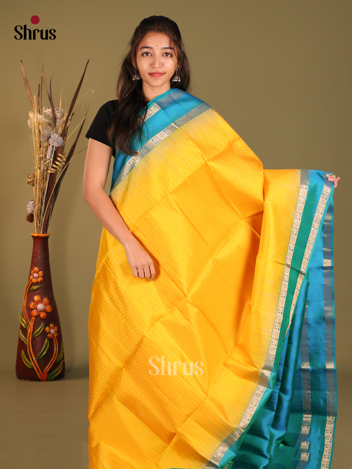 Elegant Yellow Soft Silk Saree with zari buttas & Blue Rettaipet Zari Border - Shop on Shrus.com