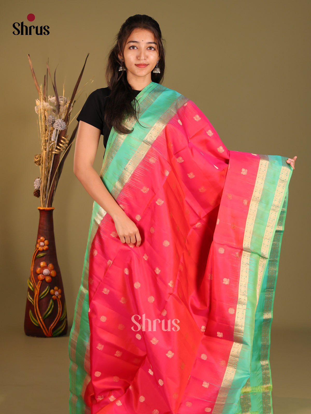 Orangish Pink & Teal Soft Silk Sareewith peacock , floral buttas - Shop on Shrus.com