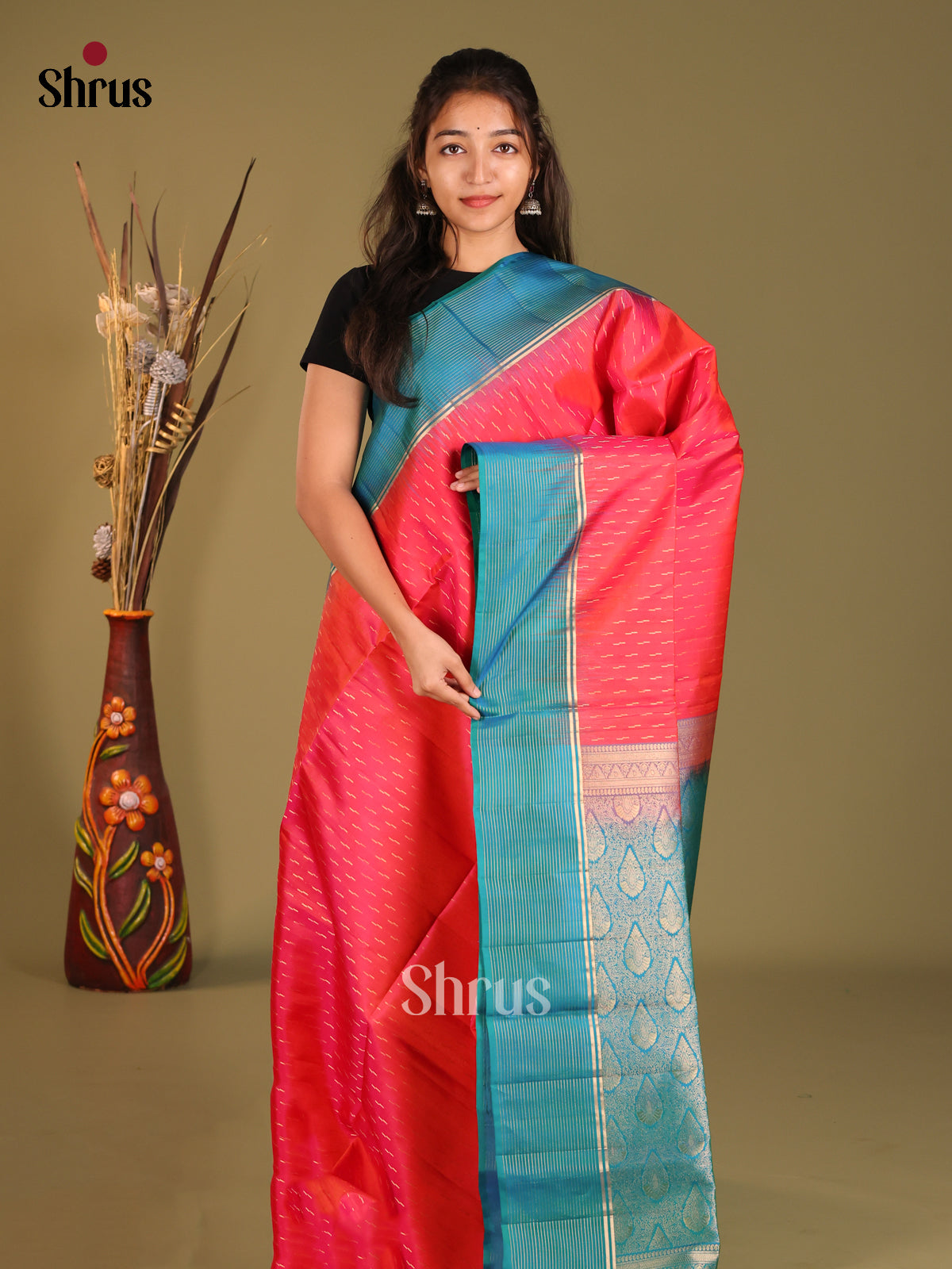 Orangish Pink & Blue Soft Silk Saree with zari brocade pallu - Shop on Shrus.com