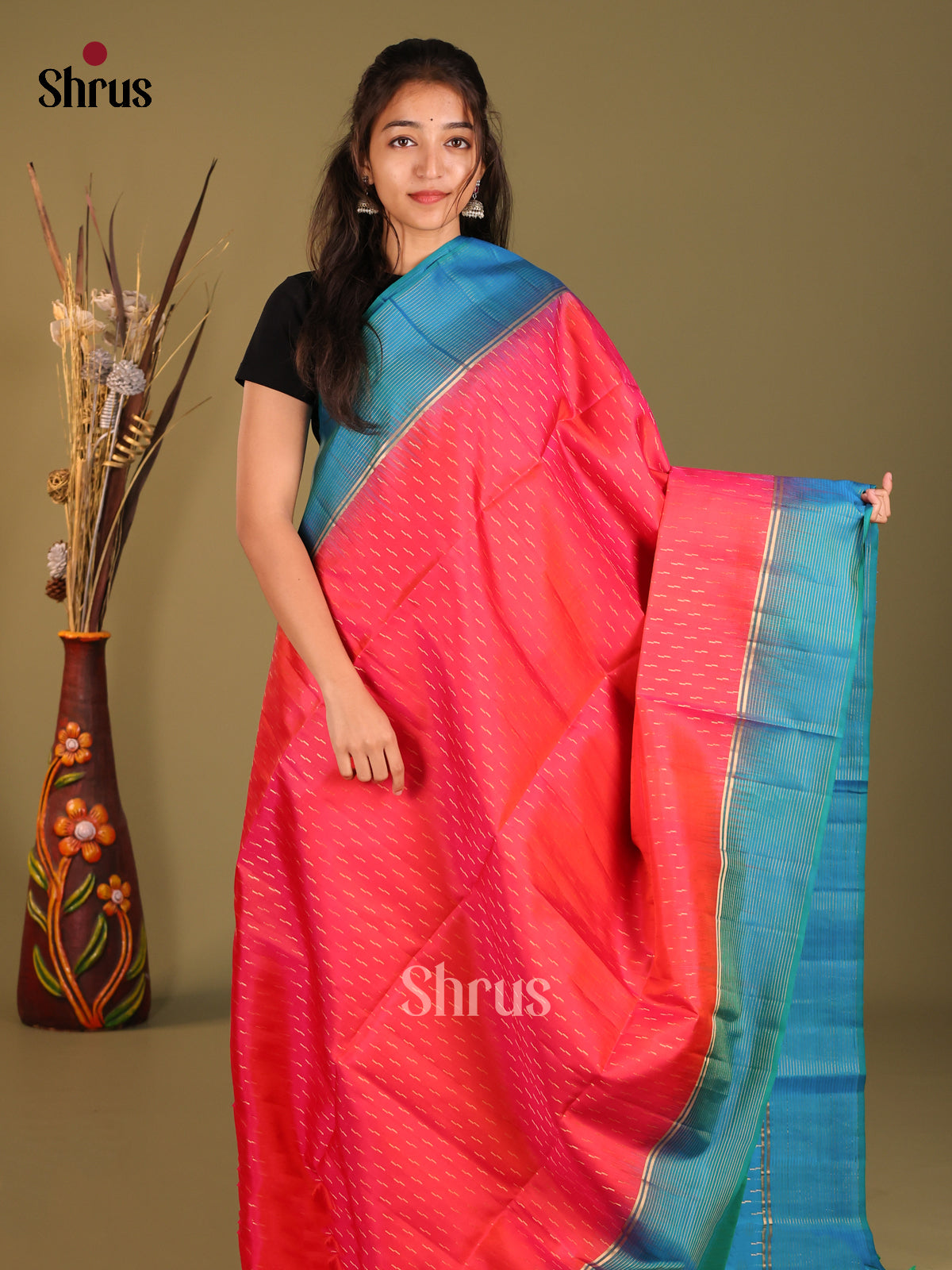 Orangish Pink & Blue Soft Silk Saree with zari brocade pallu - Shop on Shrus.com