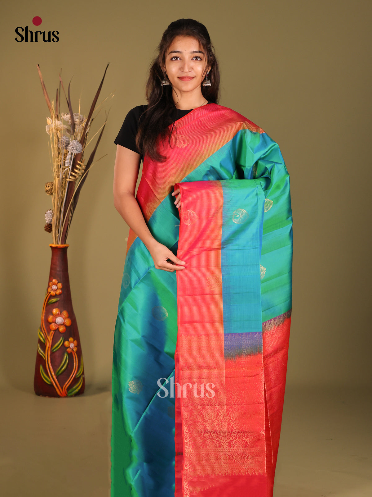 Green & Orangish Pink Soft Silk Saree with zari buttas - Shop on Shrus.com
