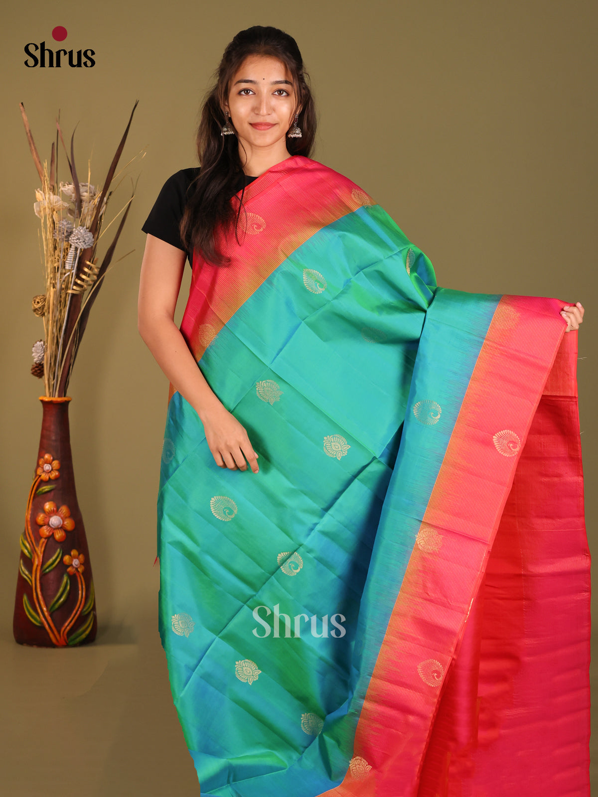 Green & Orangish Pink Soft Silk Saree with zari buttas - Shop on Shrus.com