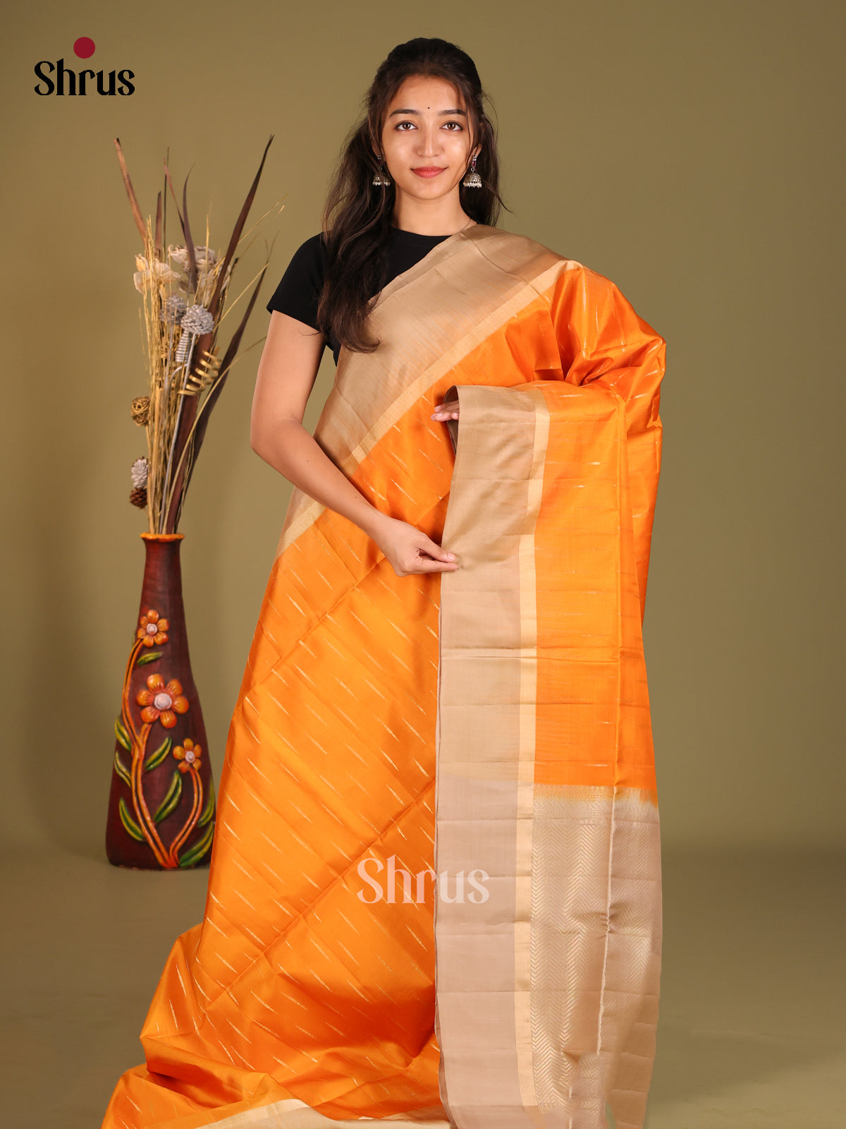 Orange & Grey Soft Silk Saree with zari stripes buttas - Shop on Shrus.com