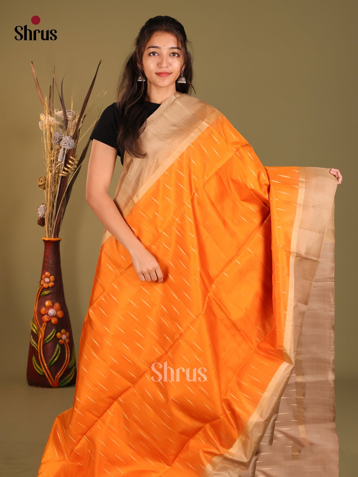 Orange & Grey Soft Silk Saree with zari stripes buttas - Shop on Shrus.com