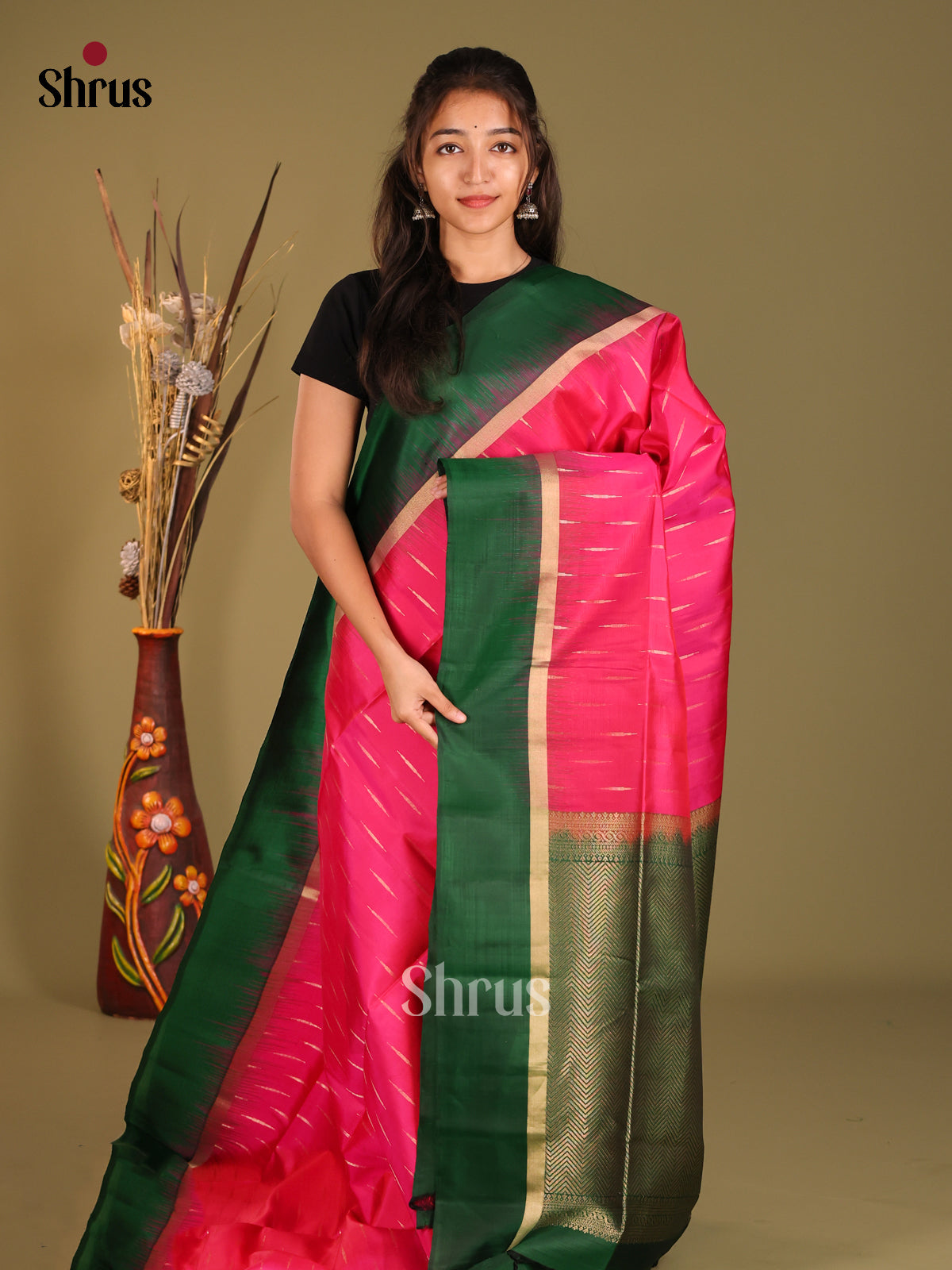 Pink & Green Soft Silk Saree with zari stripes buttas - Shop on Shrus.com