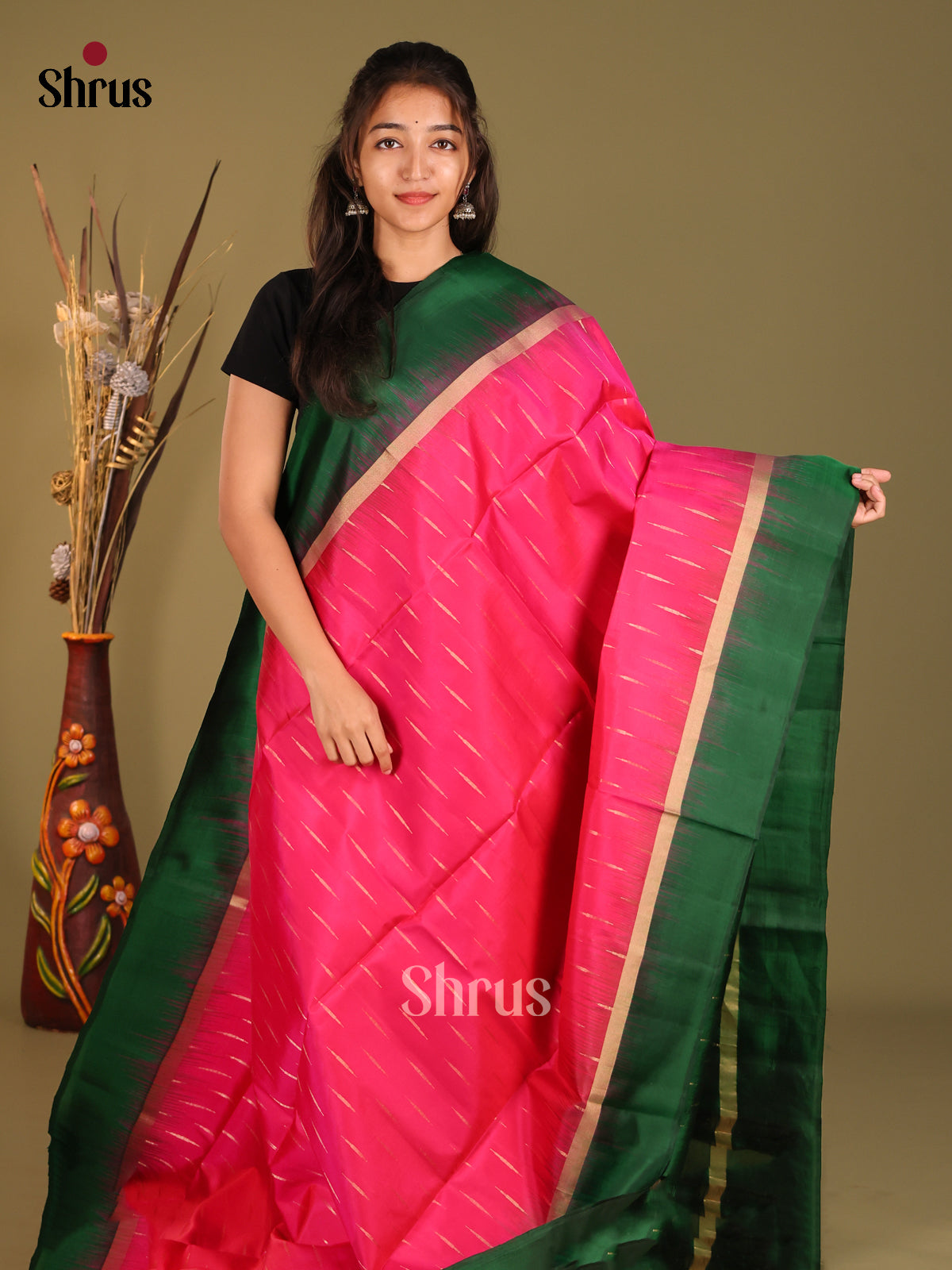 Pink & Green Soft Silk Saree with zari stripes buttas - Shop on Shrus.com