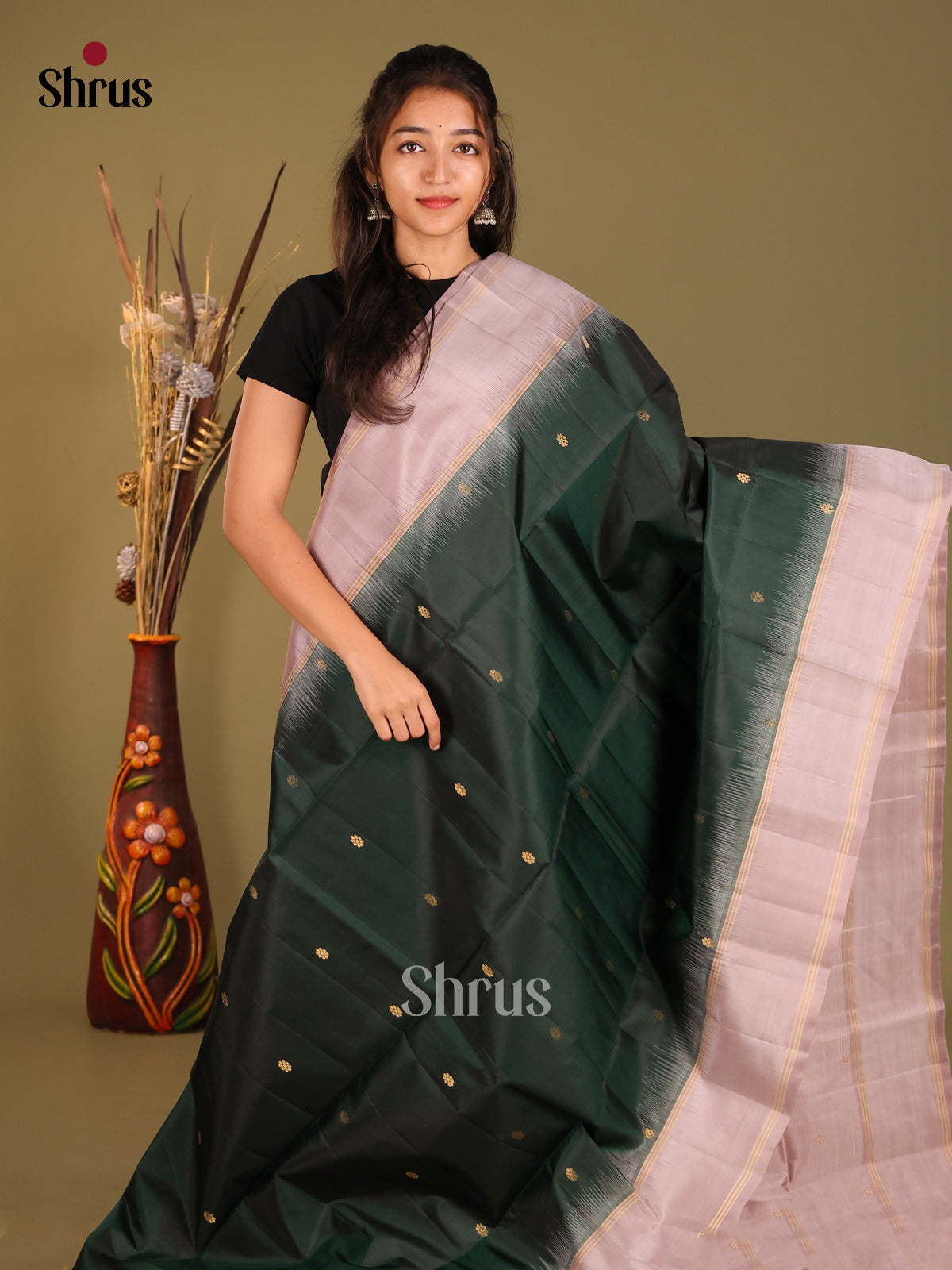 Dark green & Lavender Soft Silk Saree with zari micro buttas - Shop on Shrus.com