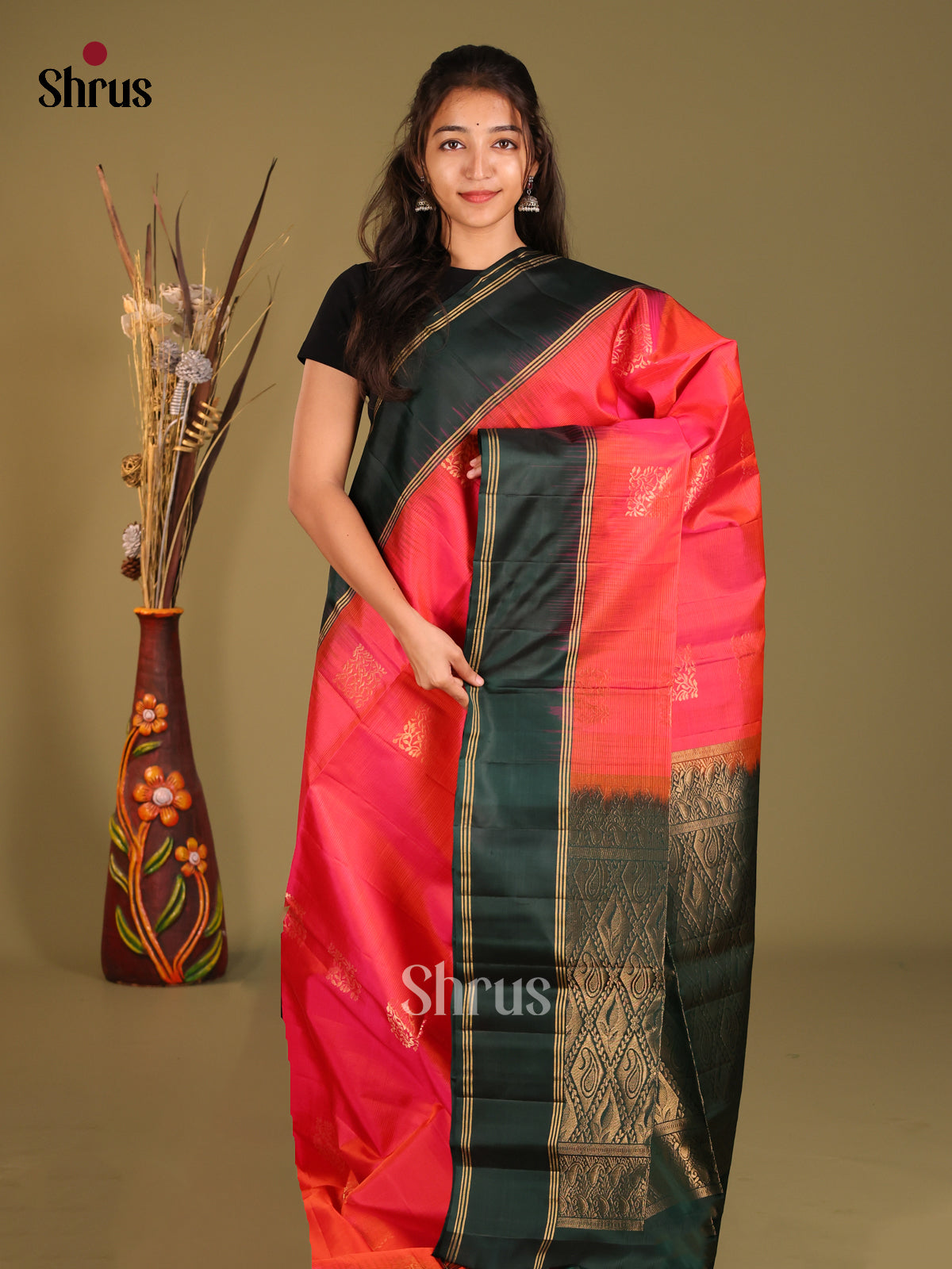 Charming Orangish Pink Soft Silk Saree with zari motifs & Green Rettaipet Zari Border