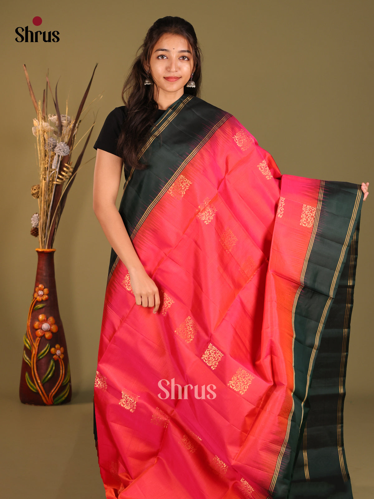 Charming Orangish Pink Soft Silk Saree with zari motifs & Green Rettaipet Zari Border -1