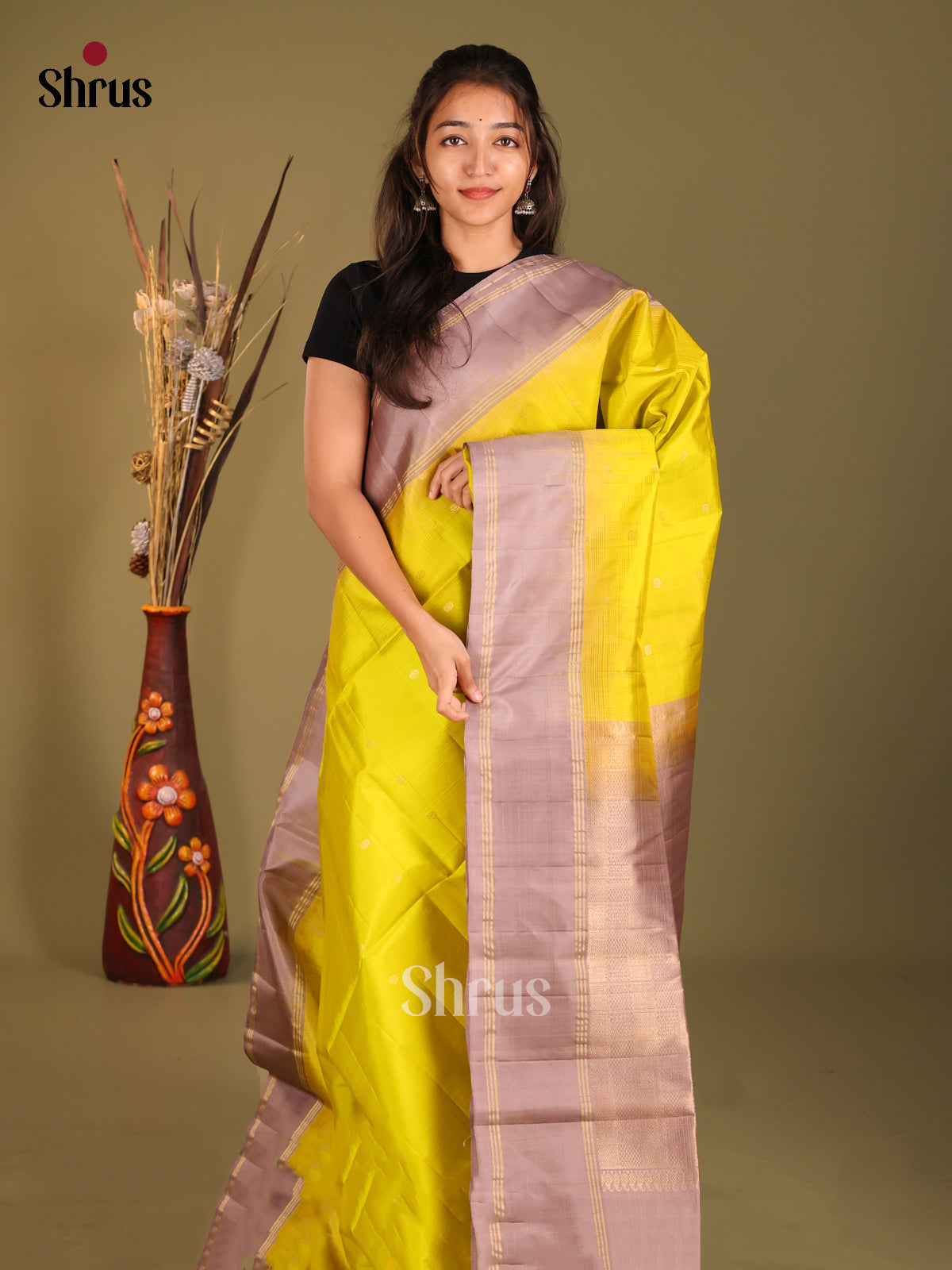 Lemon Green & Grey Soft Silk Saree with gold zari buttas