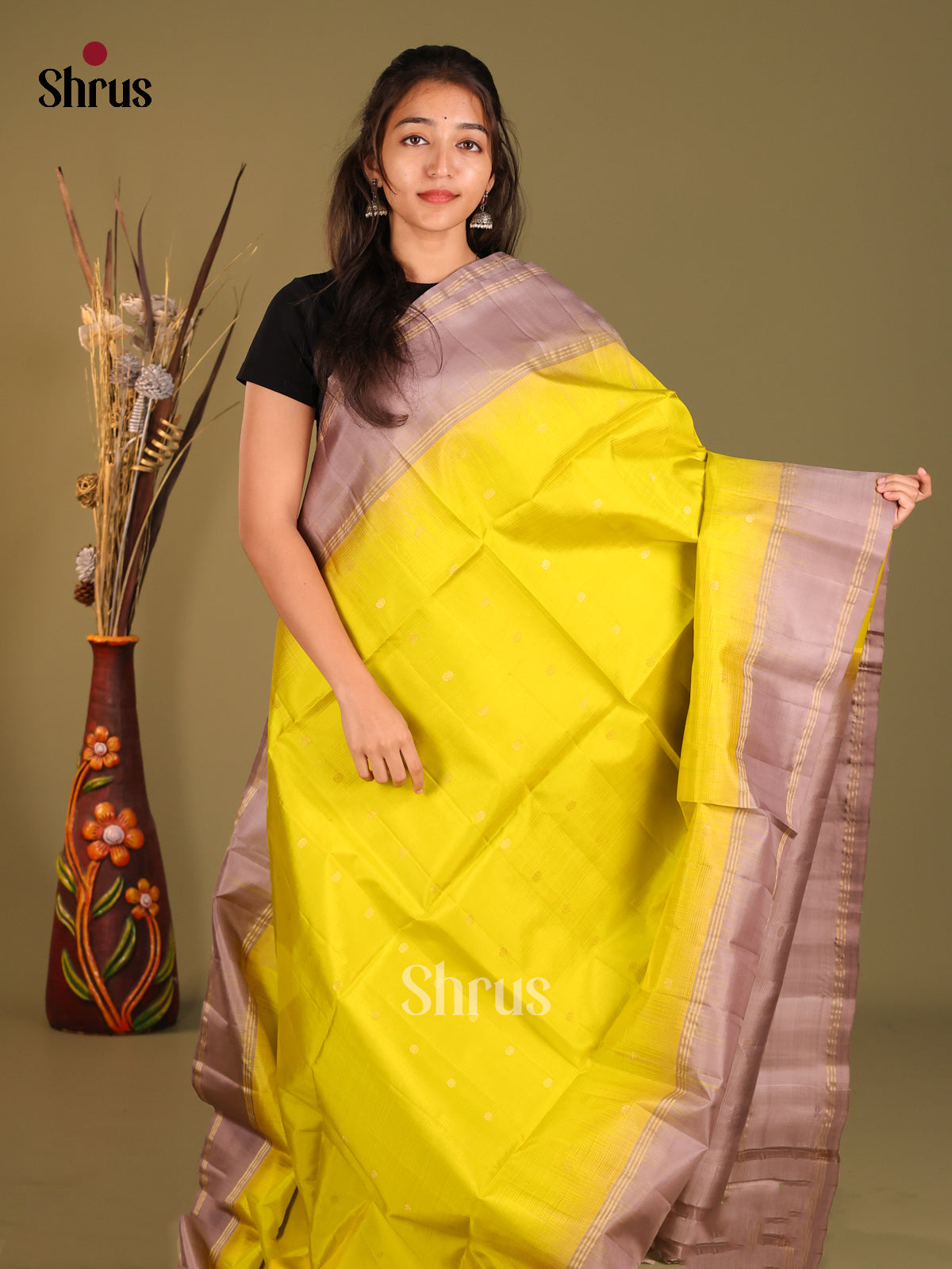 Lemon Green & Grey Soft Silk Saree with gold zari buttas