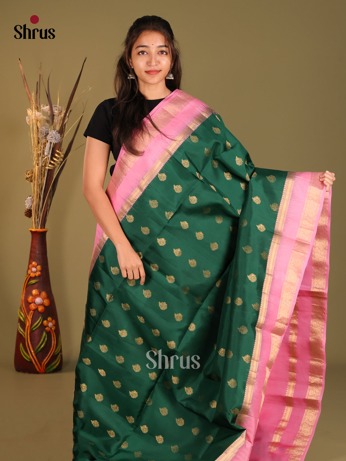 Green & Pink Soft Silk Saree gleams with zari floral buttas - Shop on Shrus.com