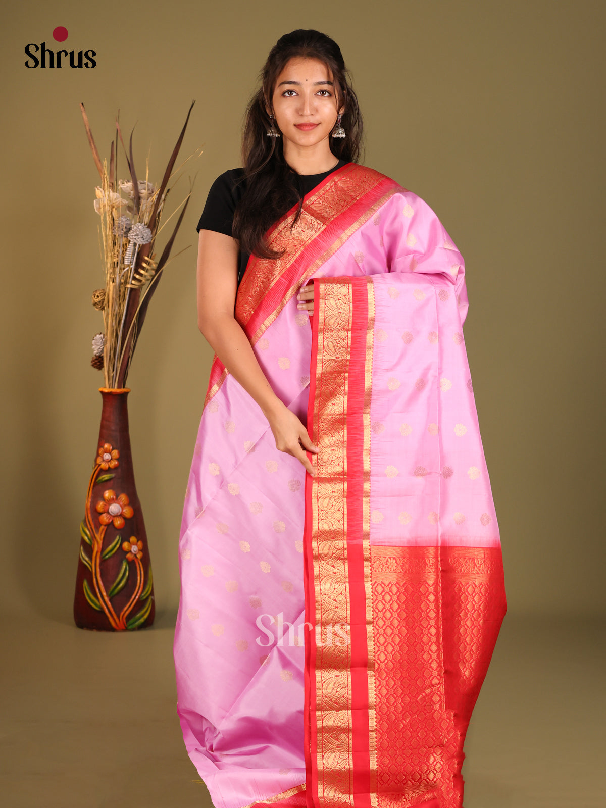 Timeless Pink Soft Silk Saree with Golden Motifs & Red Colour rich zari border