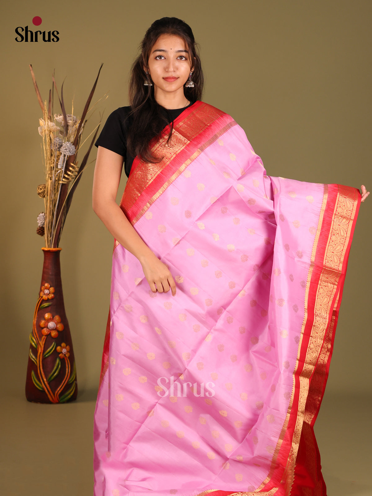 Timeless Pink Soft Silk Saree with Golden Motifs & Red Colour rich zari border -1