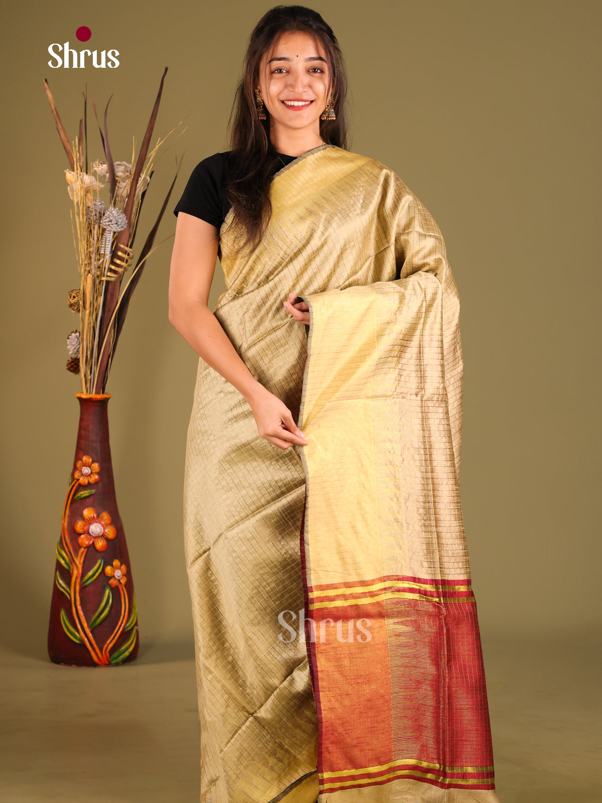 Cream & maroon- Semi Rawsilk Saree