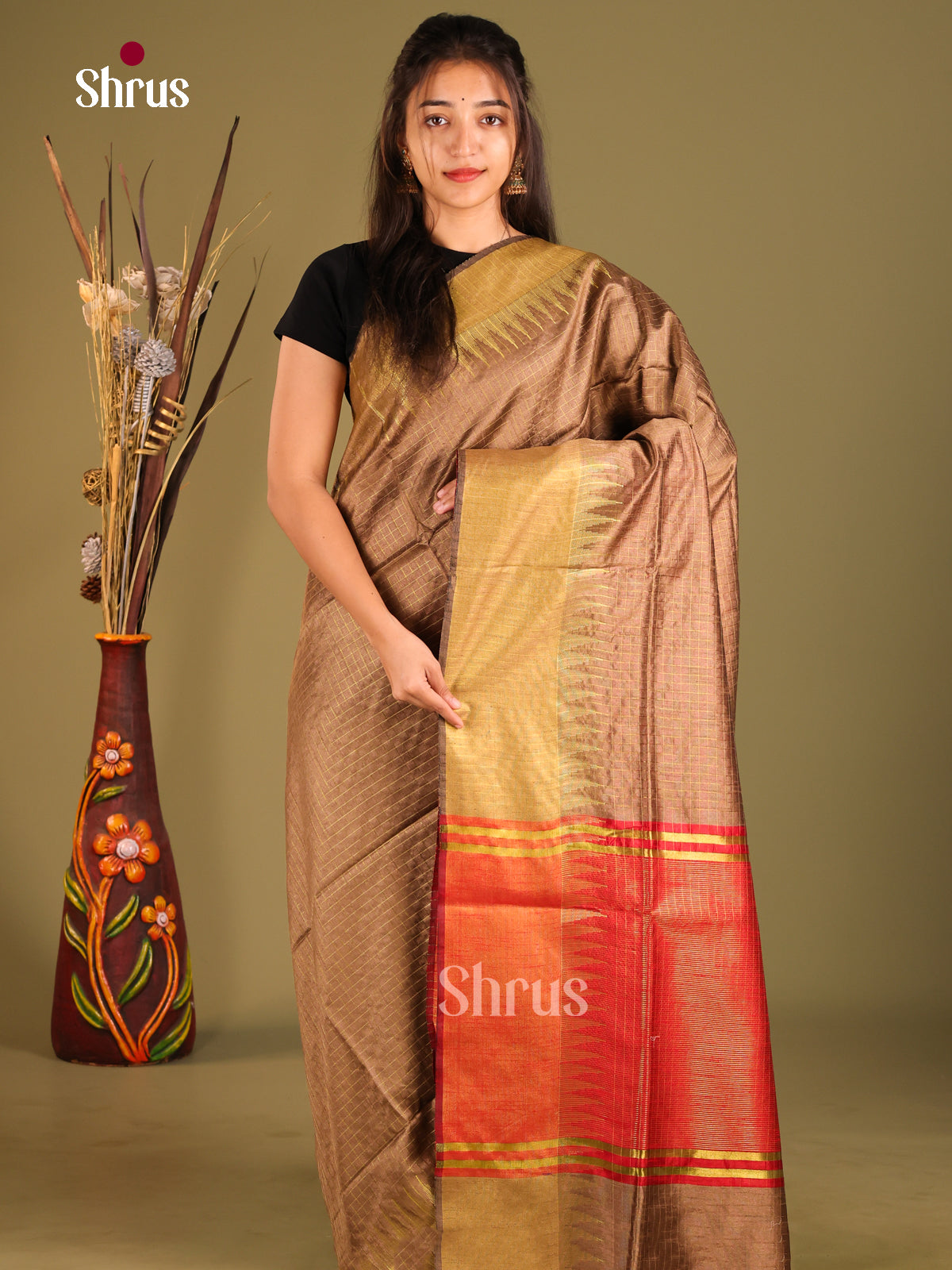 Brown & Red - Semi Rawsilk Saree