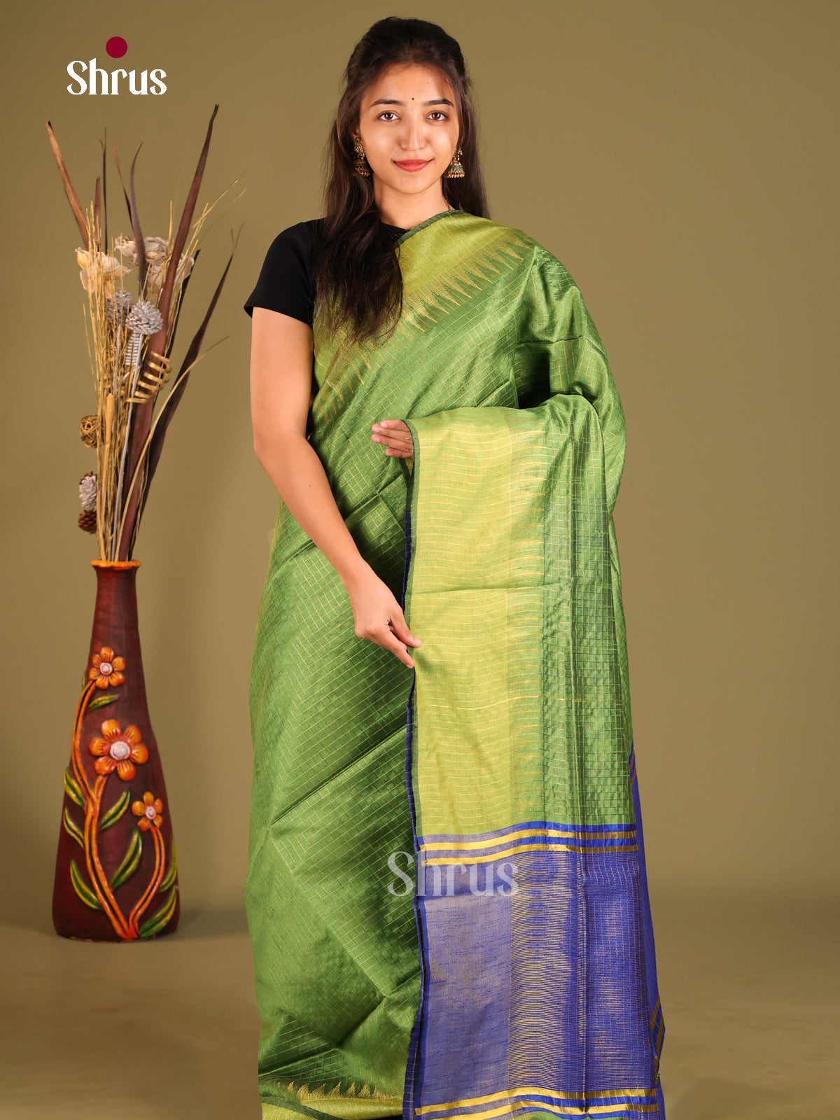 Green & Blue - Semi Rawsilk Saree - Shop on Shrus.com