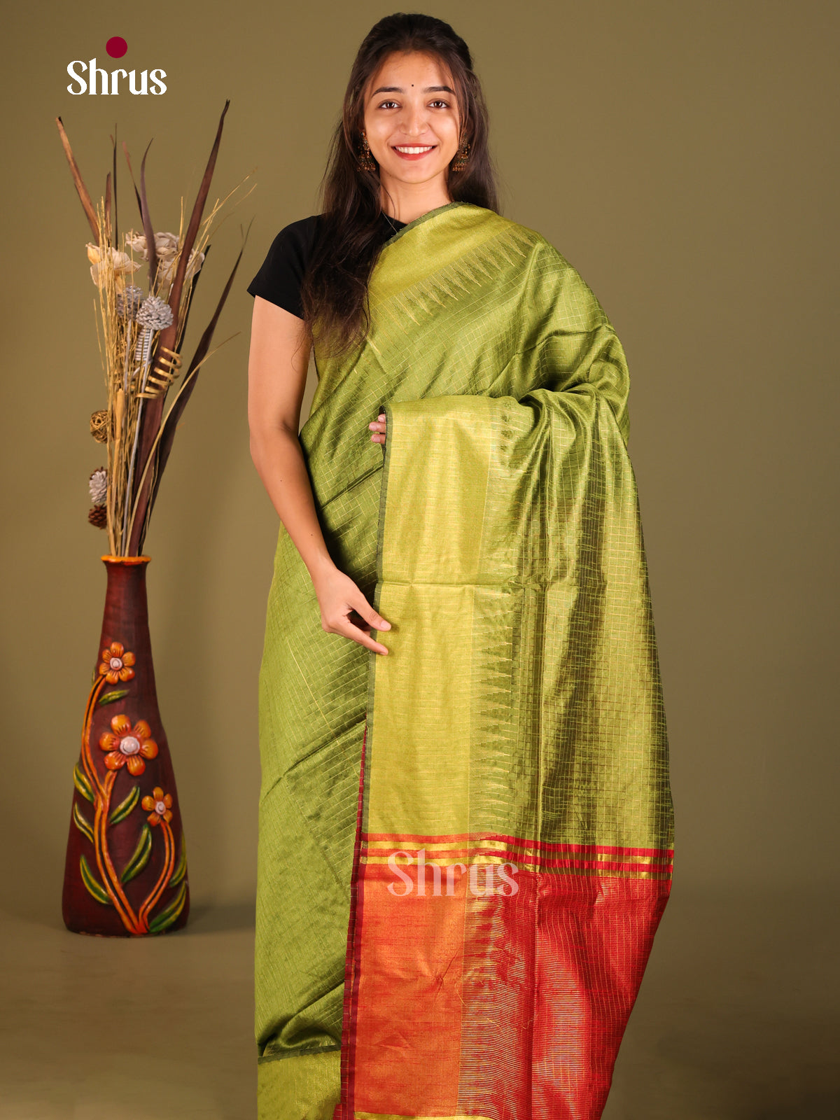 Green & Red - Semi Rawsilk Saree - Shop on Shrus.com