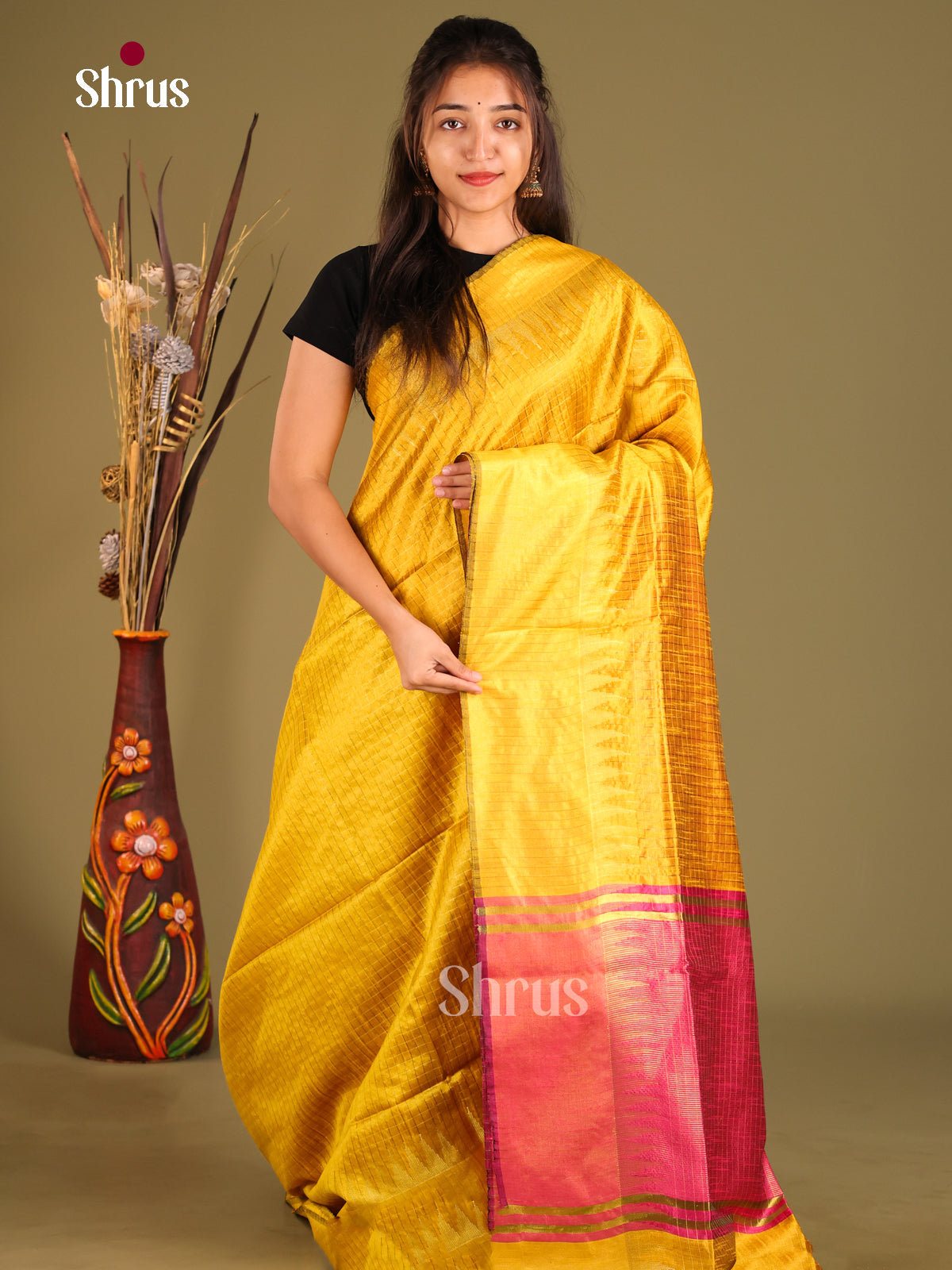 Yellow & Maroon- Semi Rawsilk Saree - Shop on Shrus.com