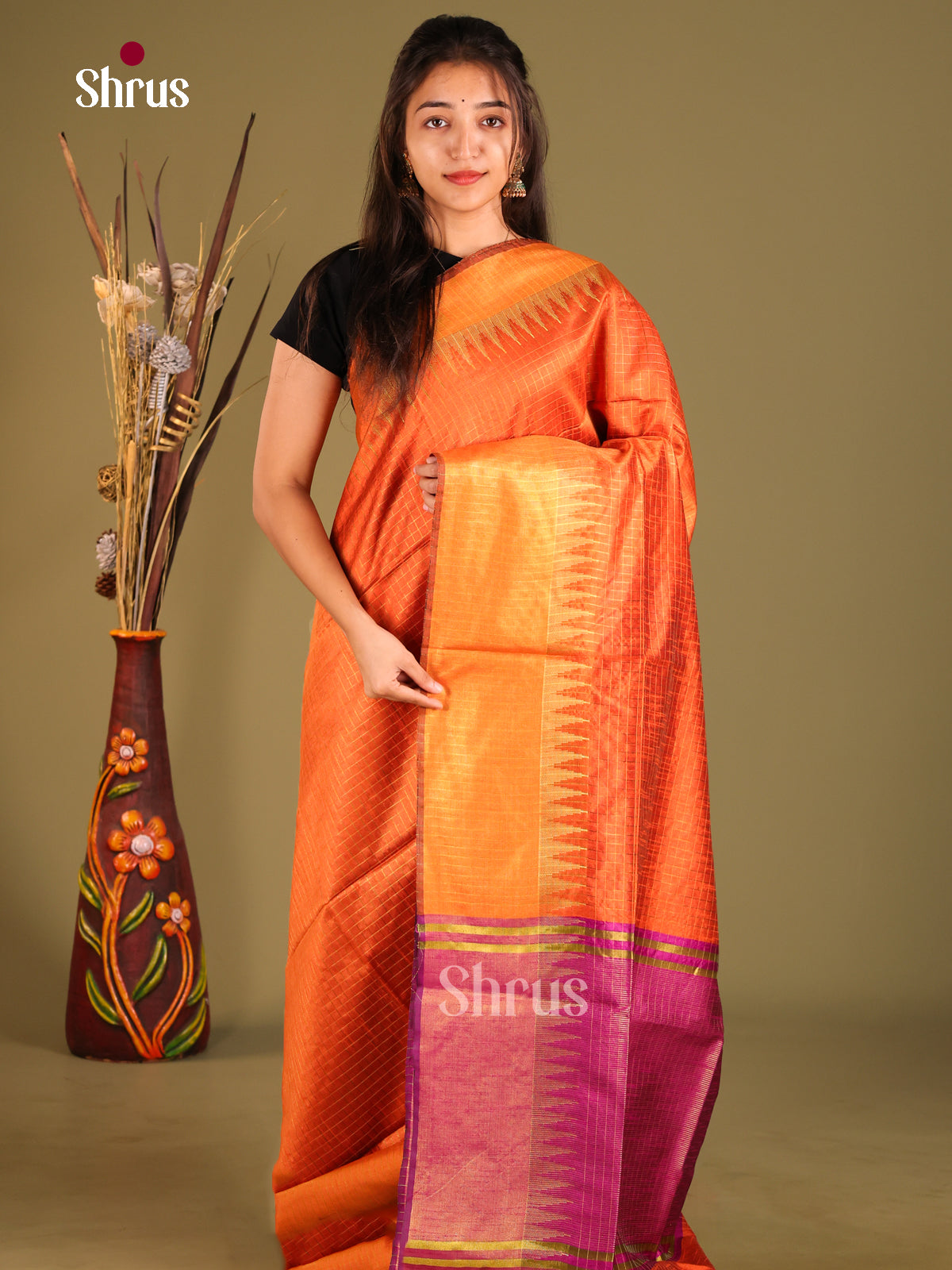 Orange & Purple - Semi Rawsilk Saree
