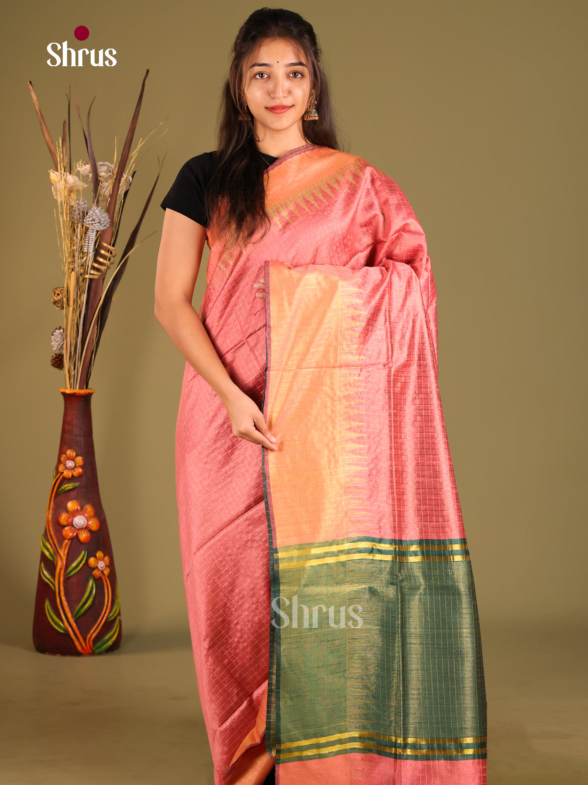 Pink & green - Semi Rawsilk Saree - Shop on Shrus.com