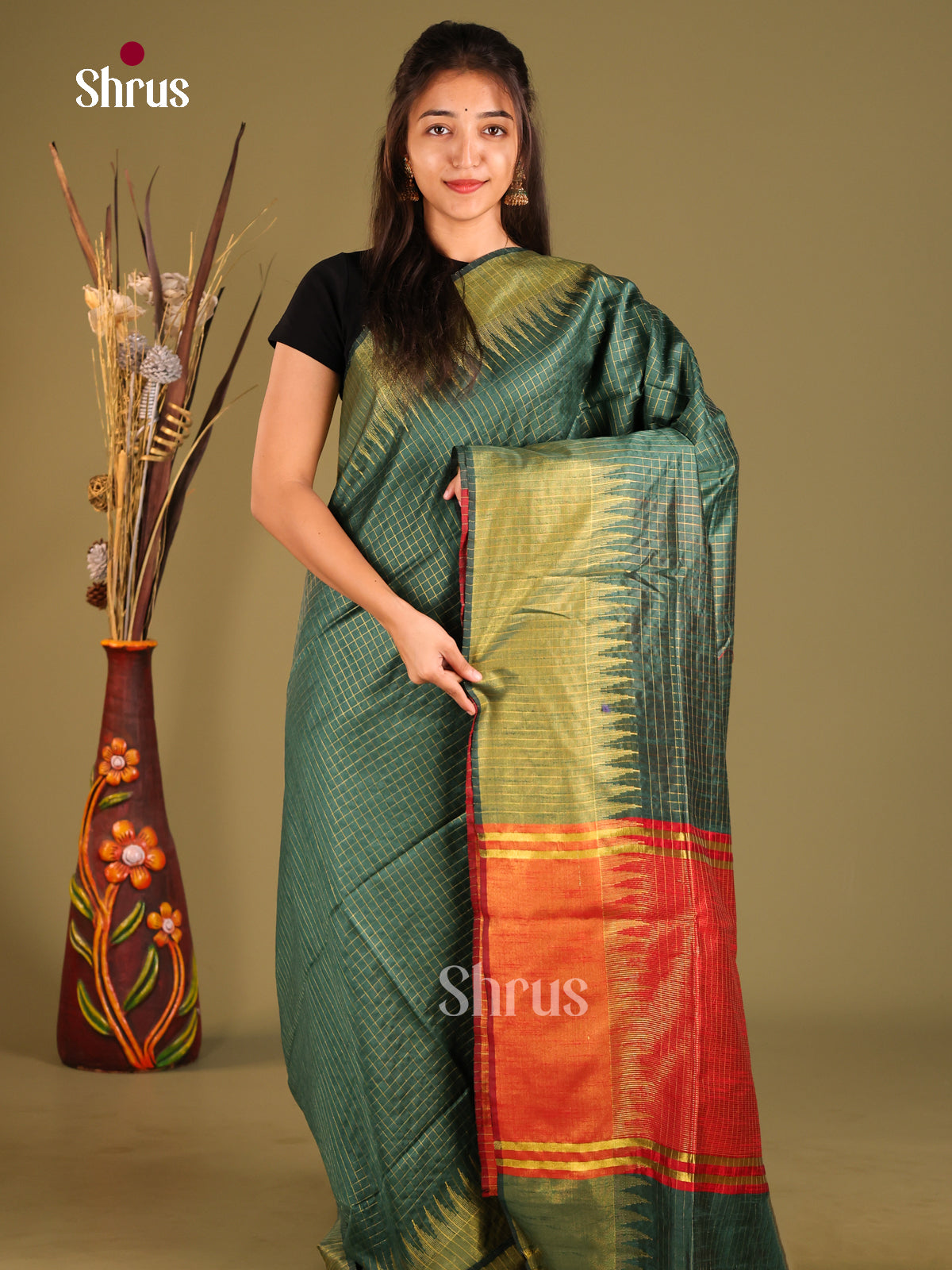 Green & Red - Semi Rawsilk Saree - Shop on Shrus.com