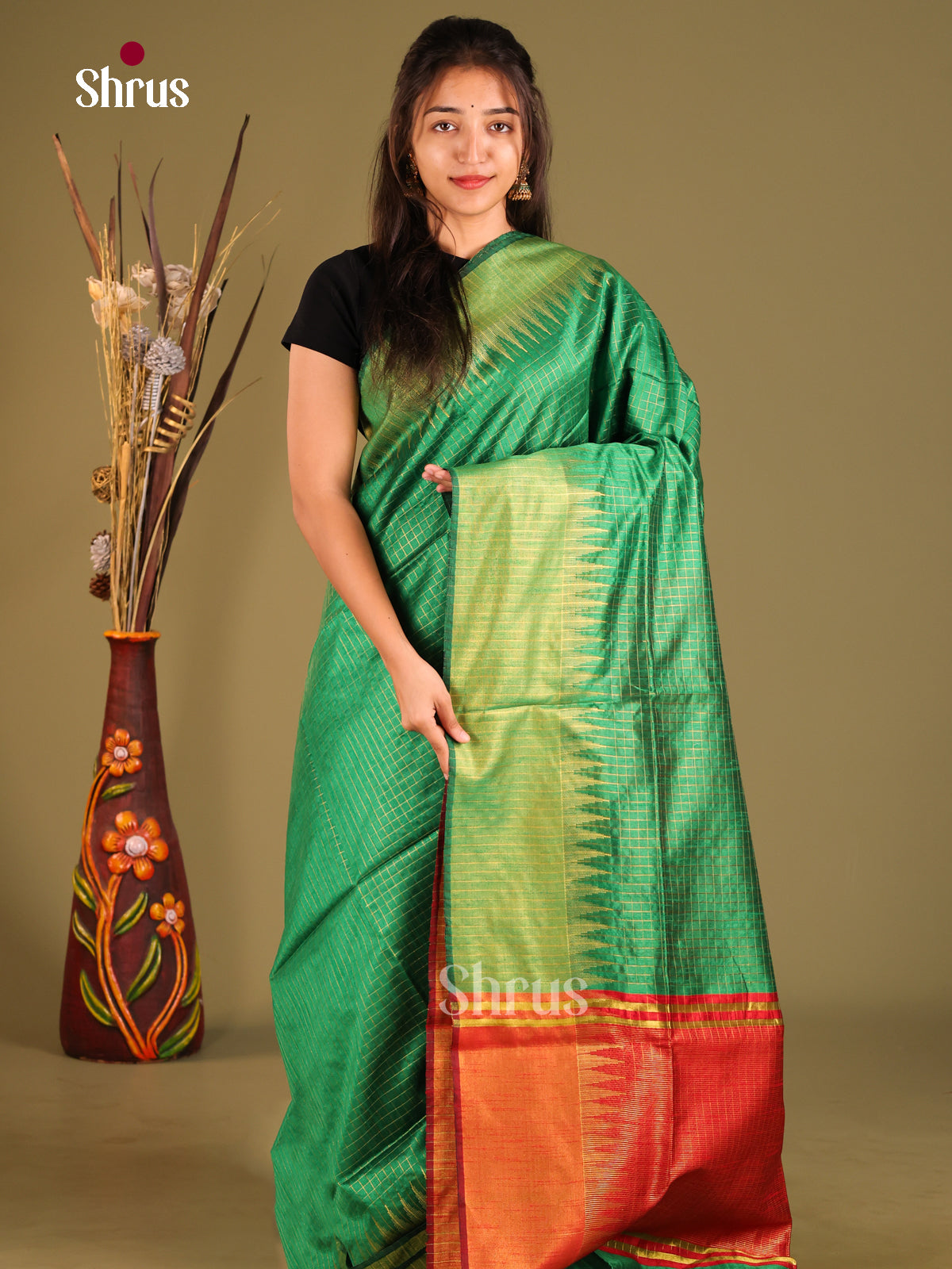 Green & Red - Semi Rawsilk Saree - Shop on Shrus.com