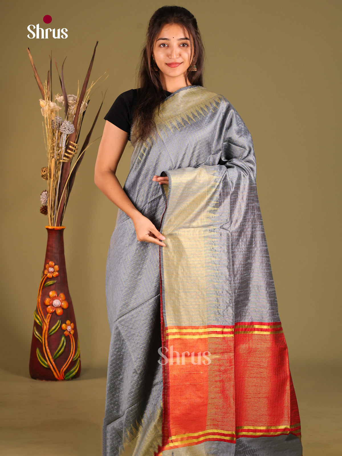 Grey & Red - Semi Rawsilk Saree - Shop on Shrus.com