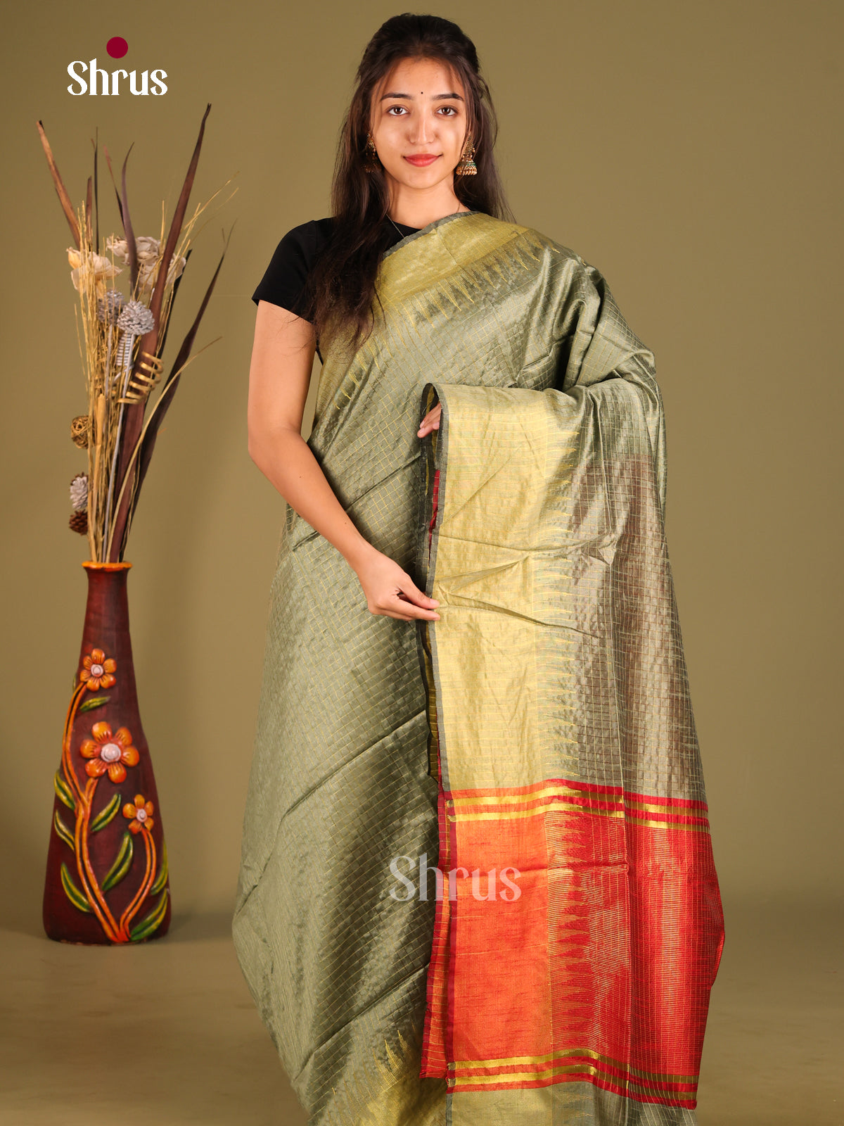 Grey Green & Red- Semi Rawsilk Saree - Shop on Shrus.com