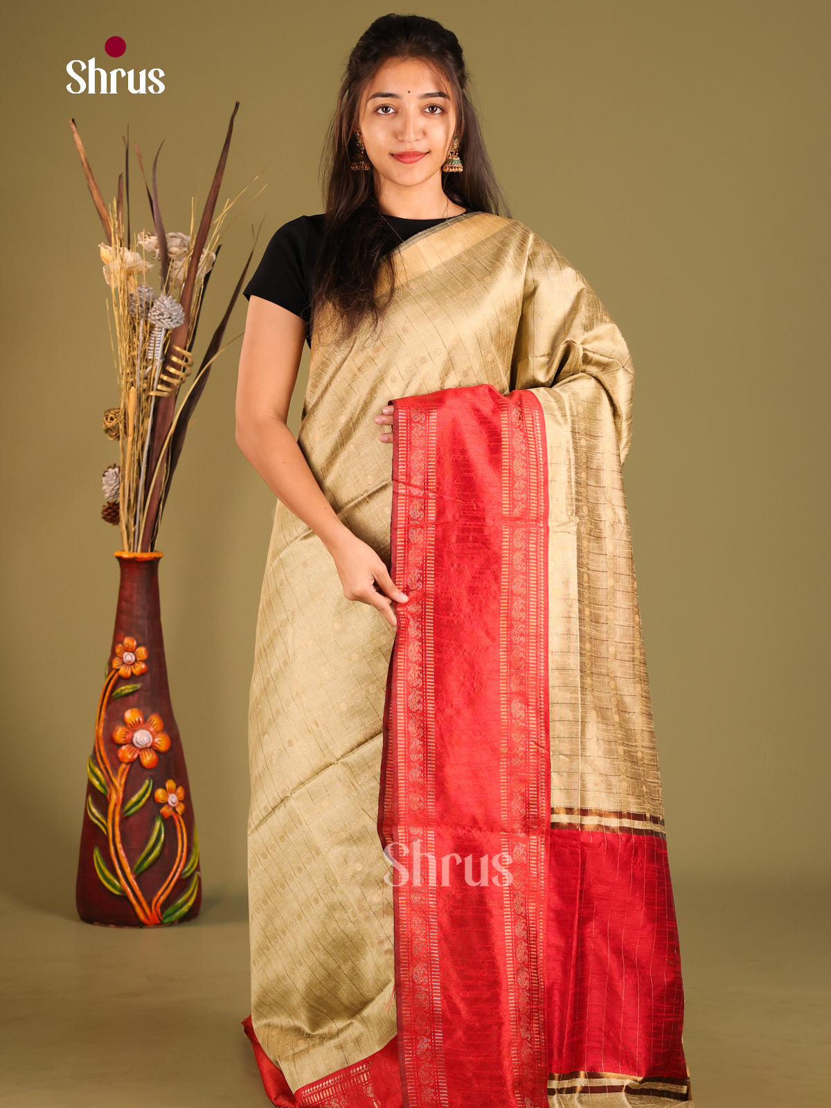 Beige & Red - Semi Rawsilk Saree - Shop on Shrus.com
