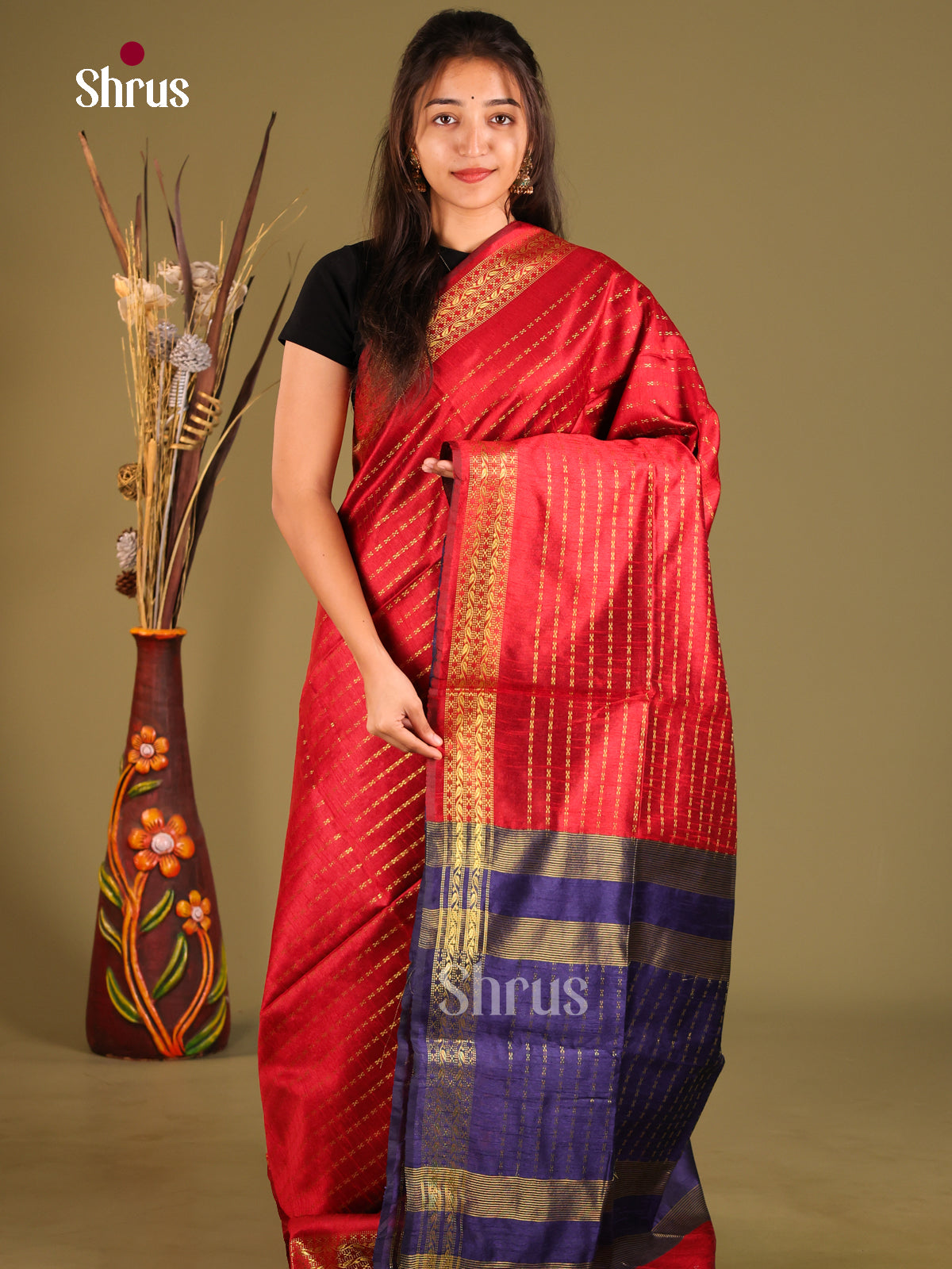 Red & Blue - Semi Rawsilk Saree - Shop on Shrus.com