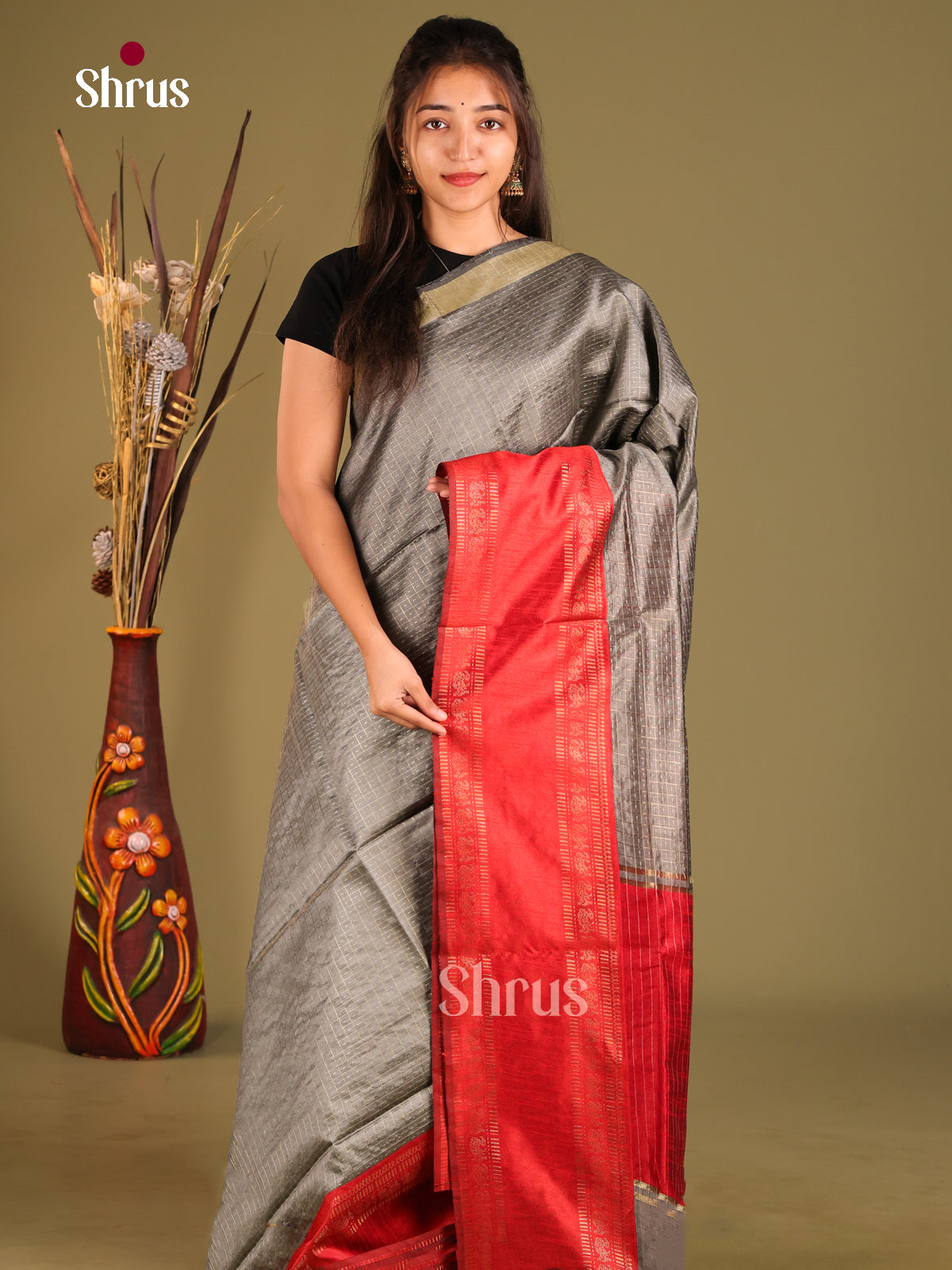 grey & red - Semi Rawsilk Saree - Shop on Shrus.com