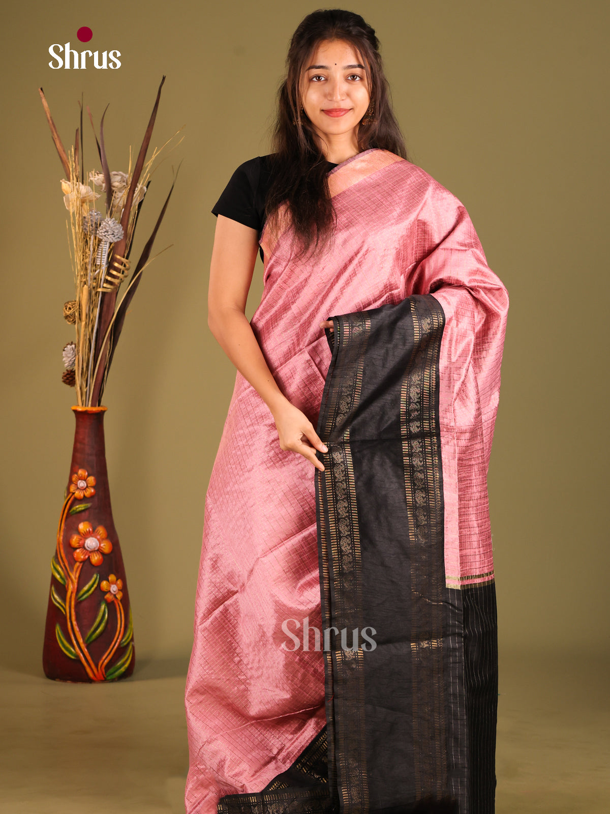 Pink & Black - Semi Rawsilk Saree - Shop on Shrus.com