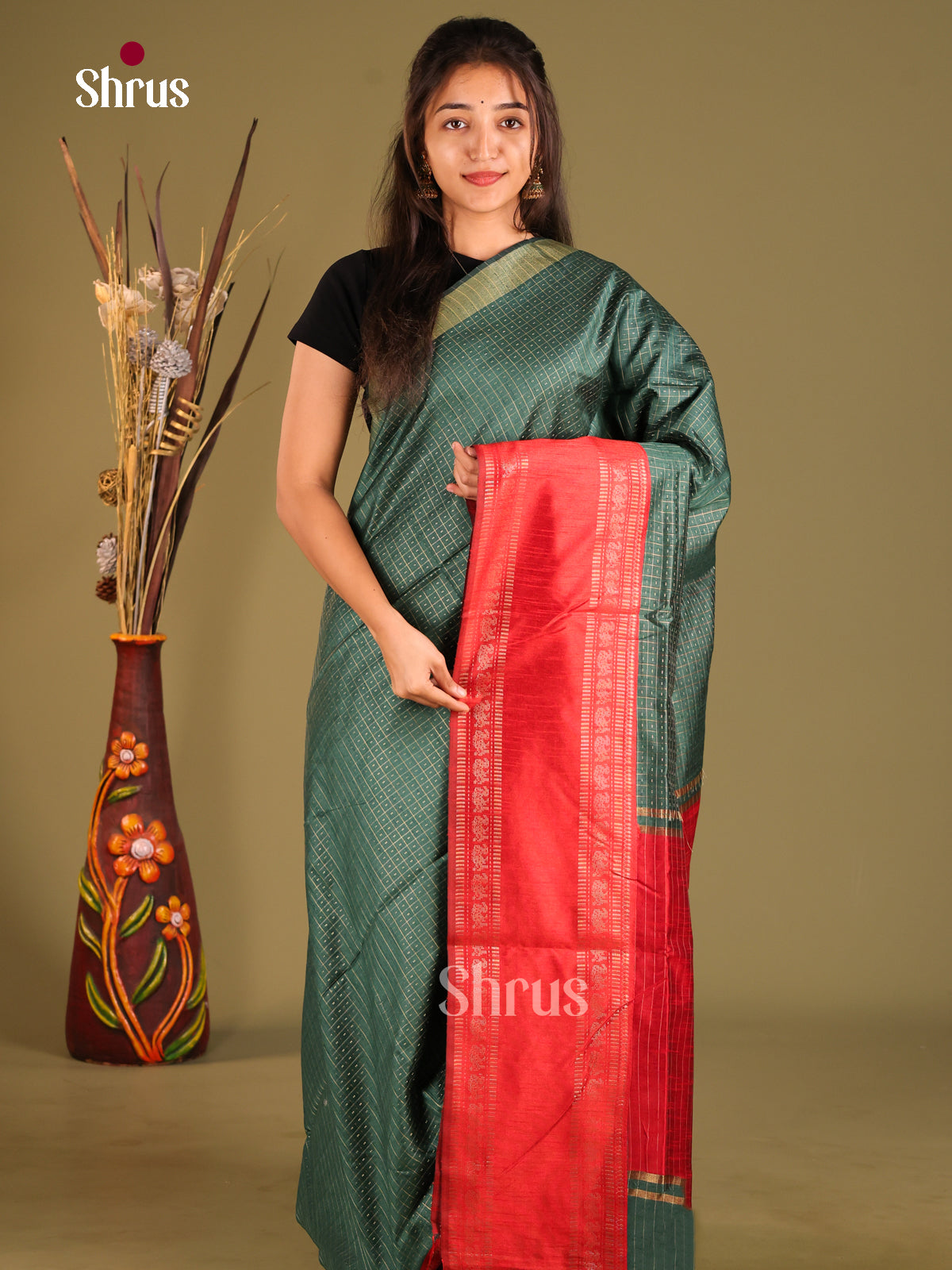 Green & Red - Semi Rawsilk Saree - Shop on Shrus.com