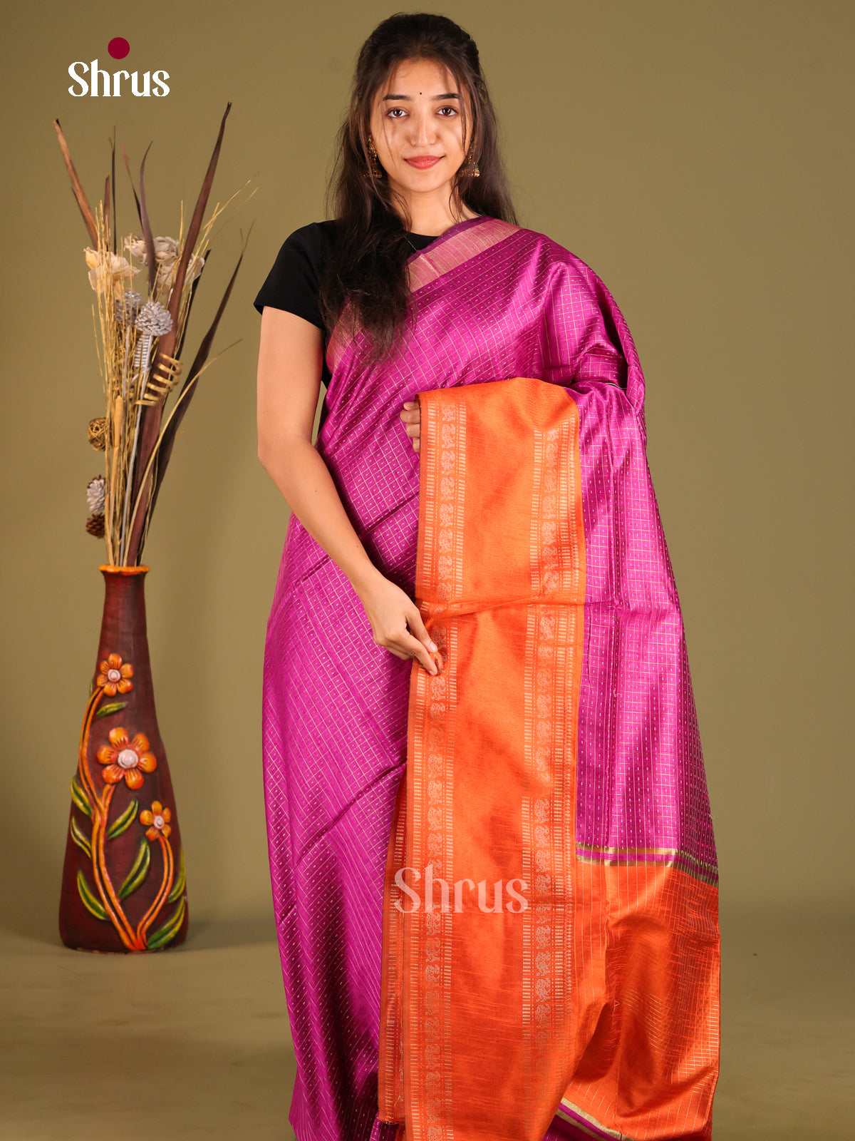 Purple & Orange - Semi Rawsilk Saree - Shop on Shrus.com
