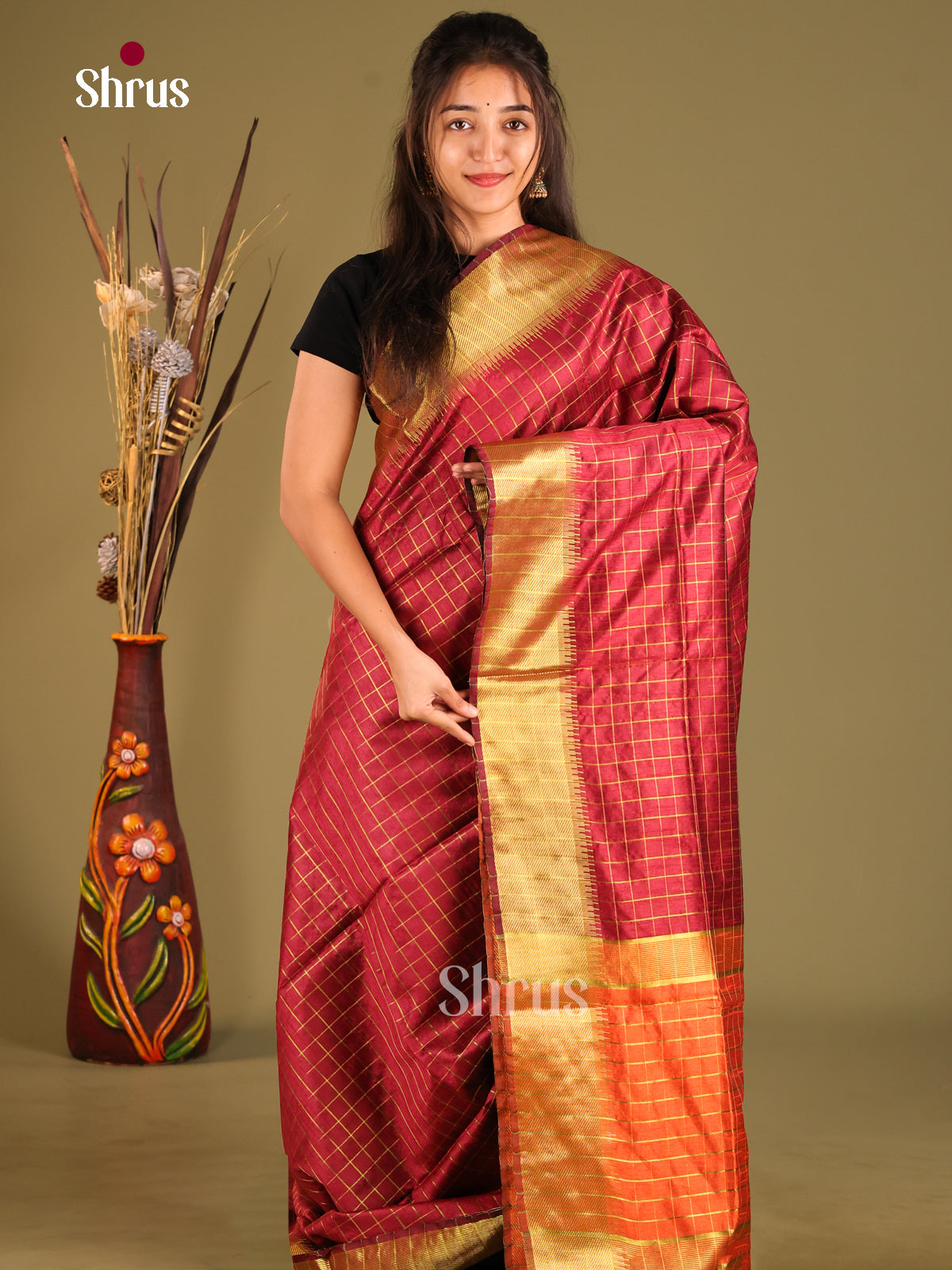Maroon & Orange - Semi Rawsilk Saree - Shop on Shrus.com