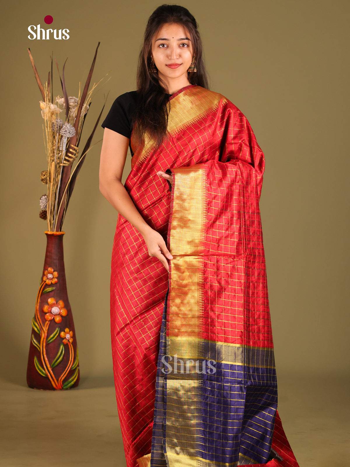 Red & Blue - Semi Rawsilk Saree - Shop on Shrus.com