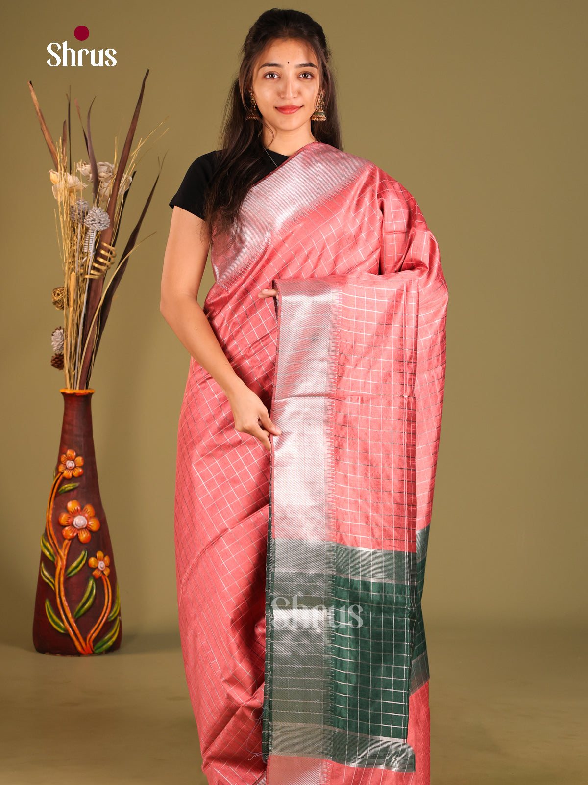 Pink & Green - Semi Rawsilk Saree
