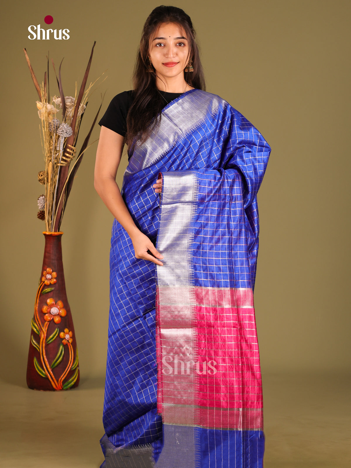 Blue & Maroon- Semi Rawsilk Saree